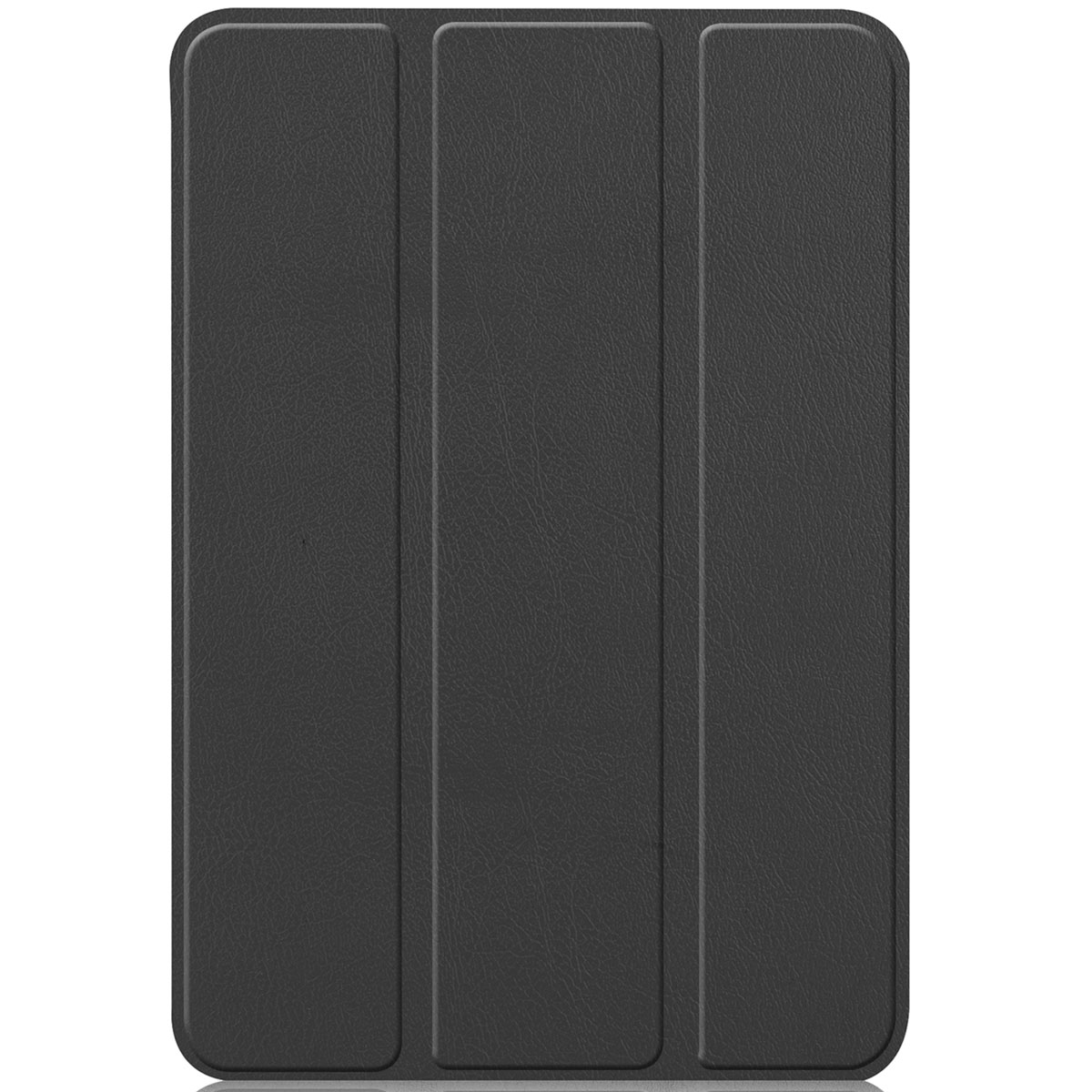 Black tablet case, closed, three panels, textured surface.