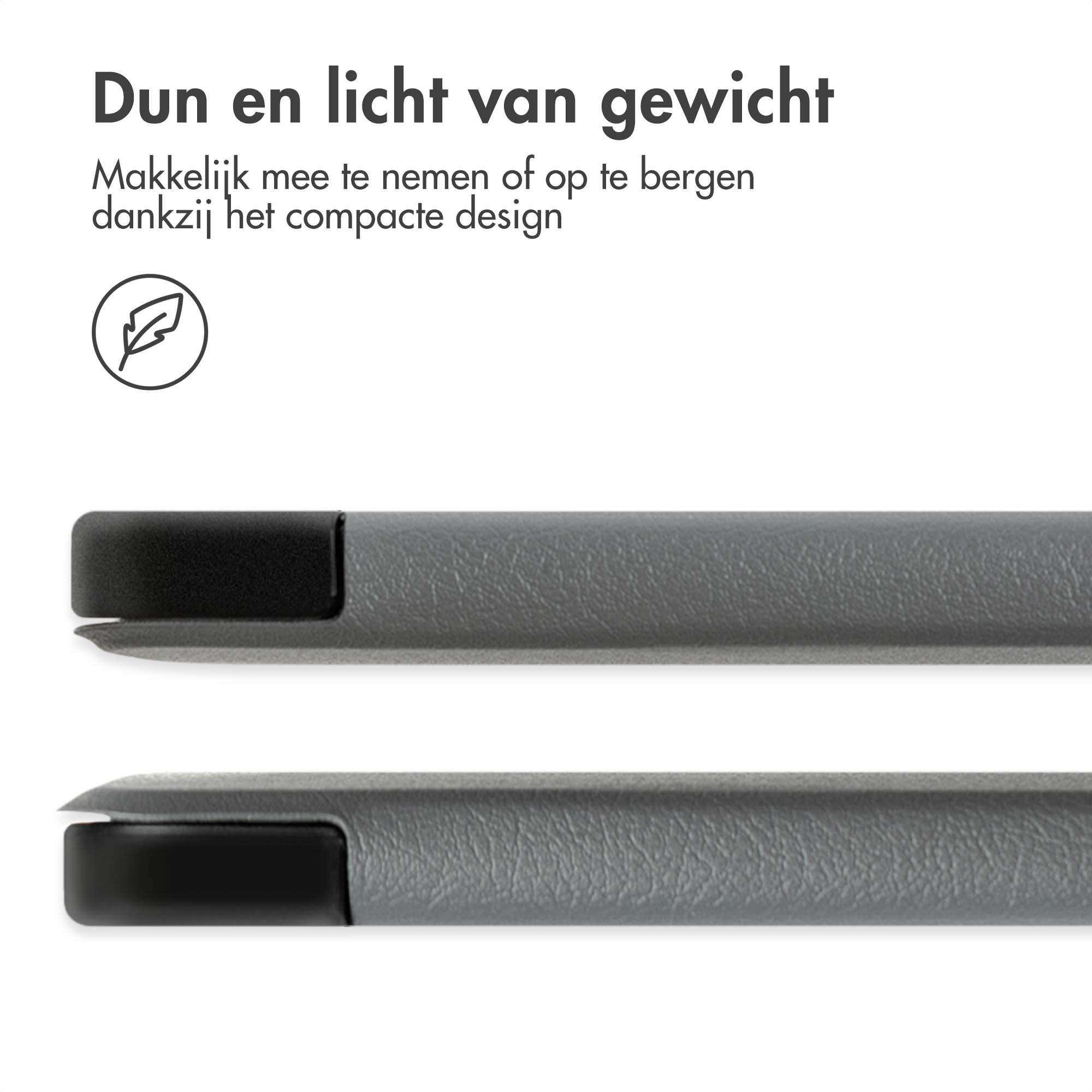 Zwei graue Tablet-Hüllen, die den Rand der Hüllen und ein Blattsymbol zeigen.