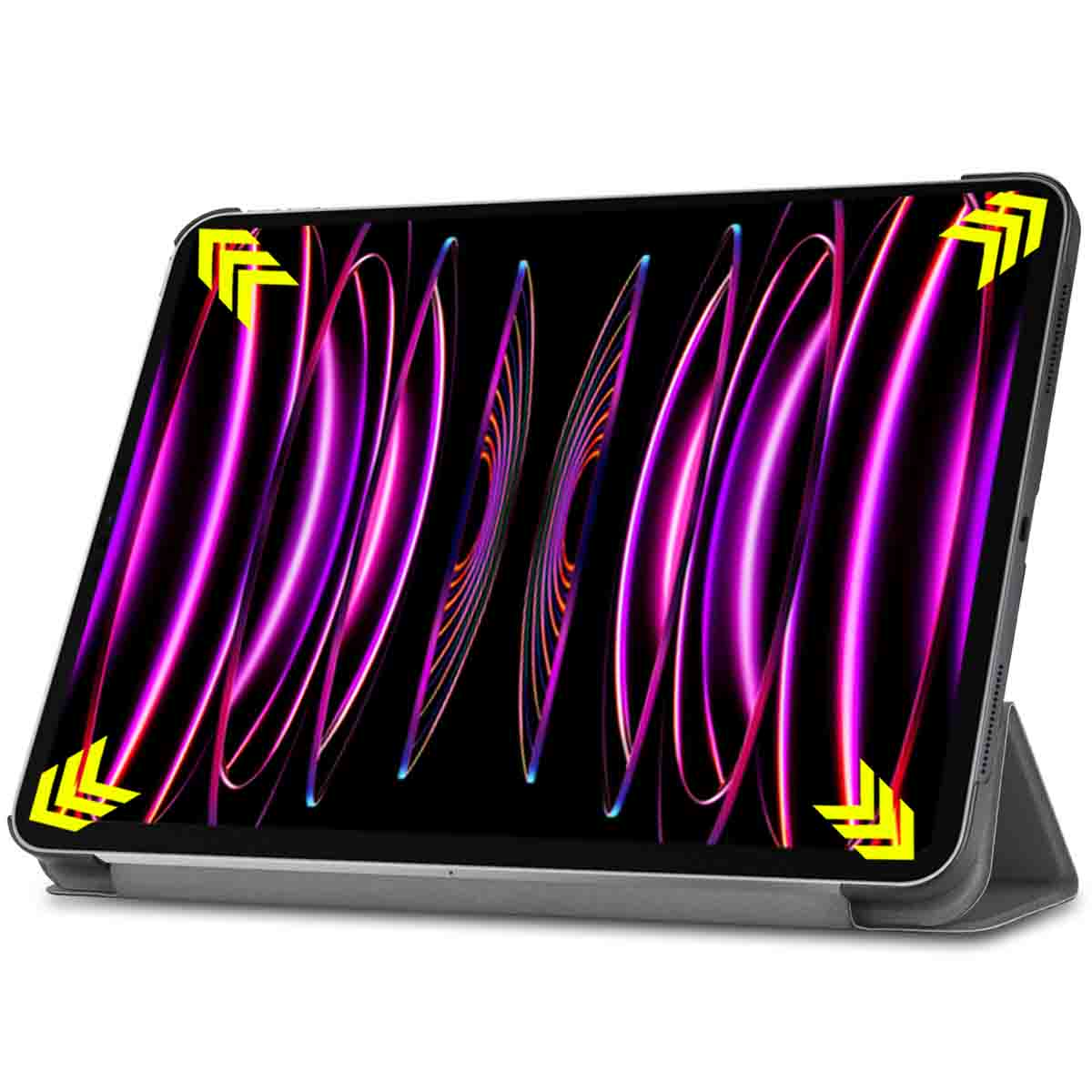 Tablet with a colorful screen in a case. The case is black. The display has colorful lines and a black background.