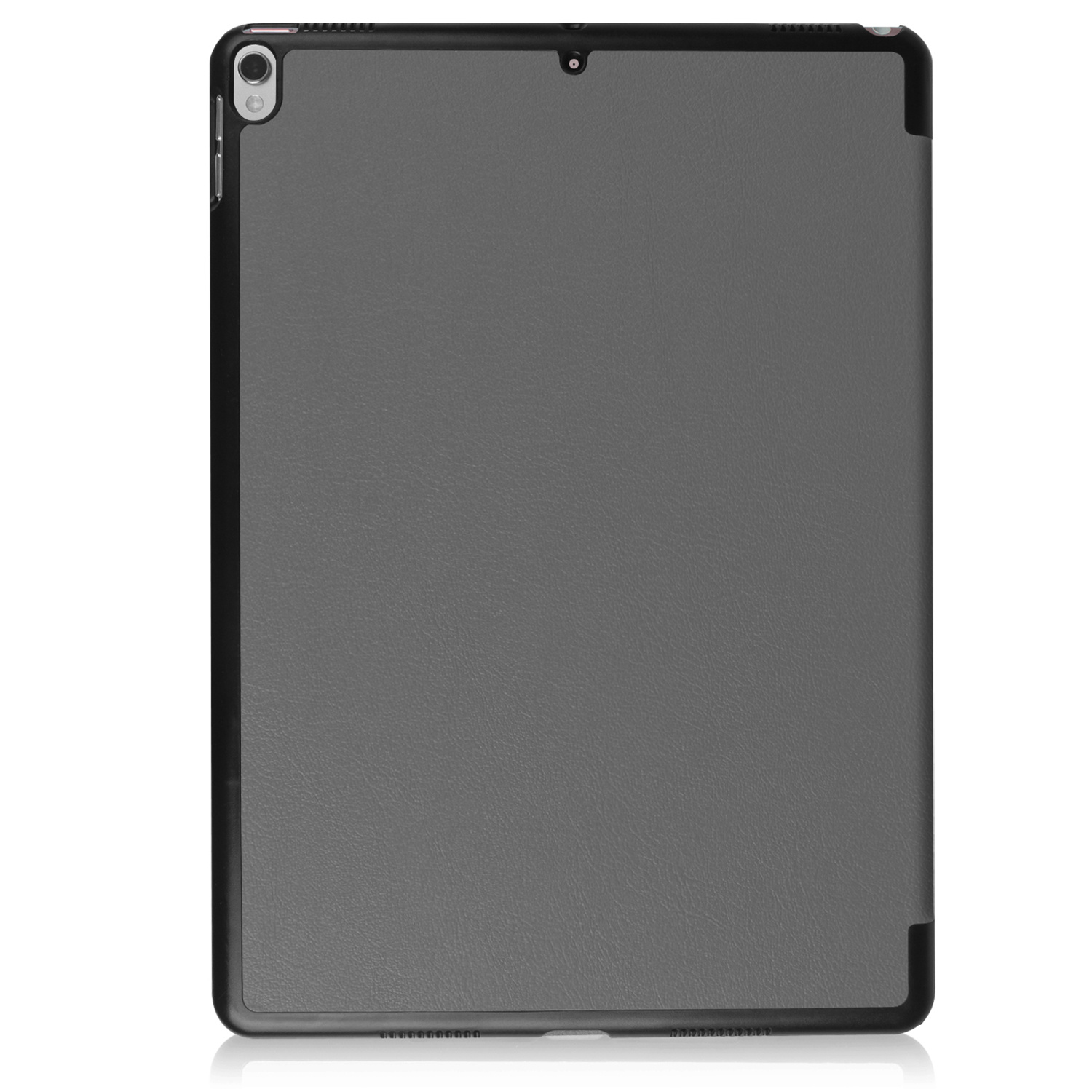 Gray tablet case with black trim, showing camera cutout and button details.