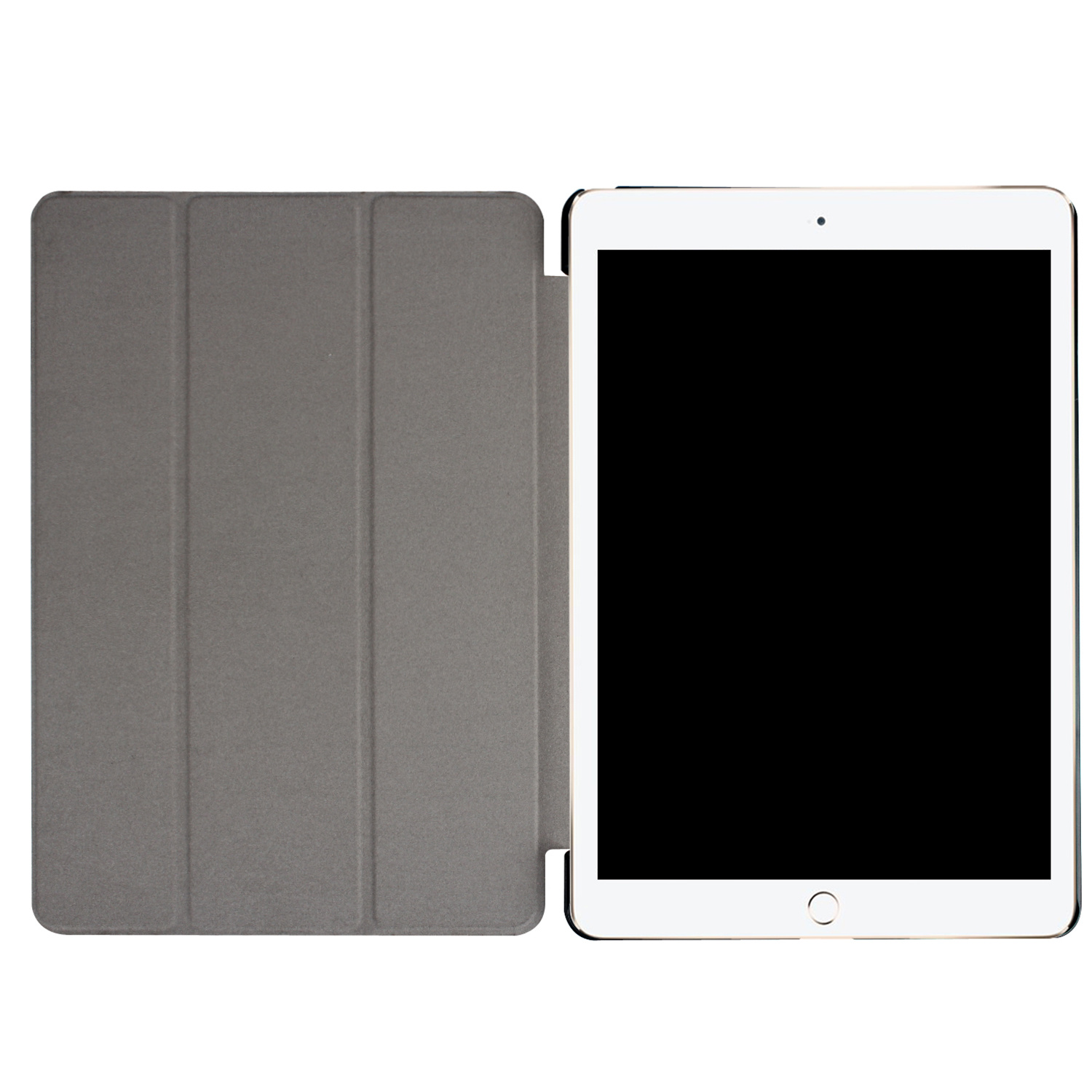 A tablet with a grey cover is open, showing the screen.