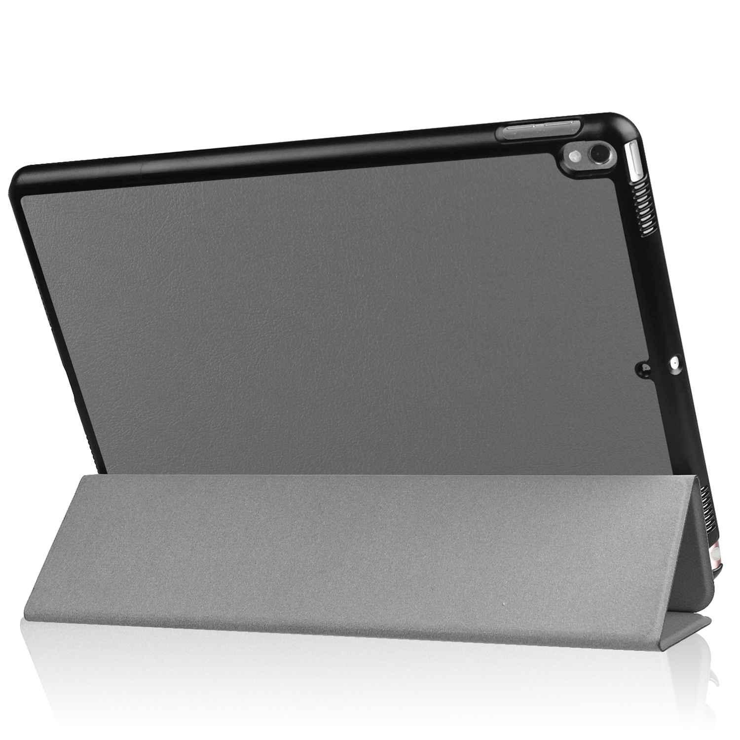 Gray tablet case with black border and stand function.