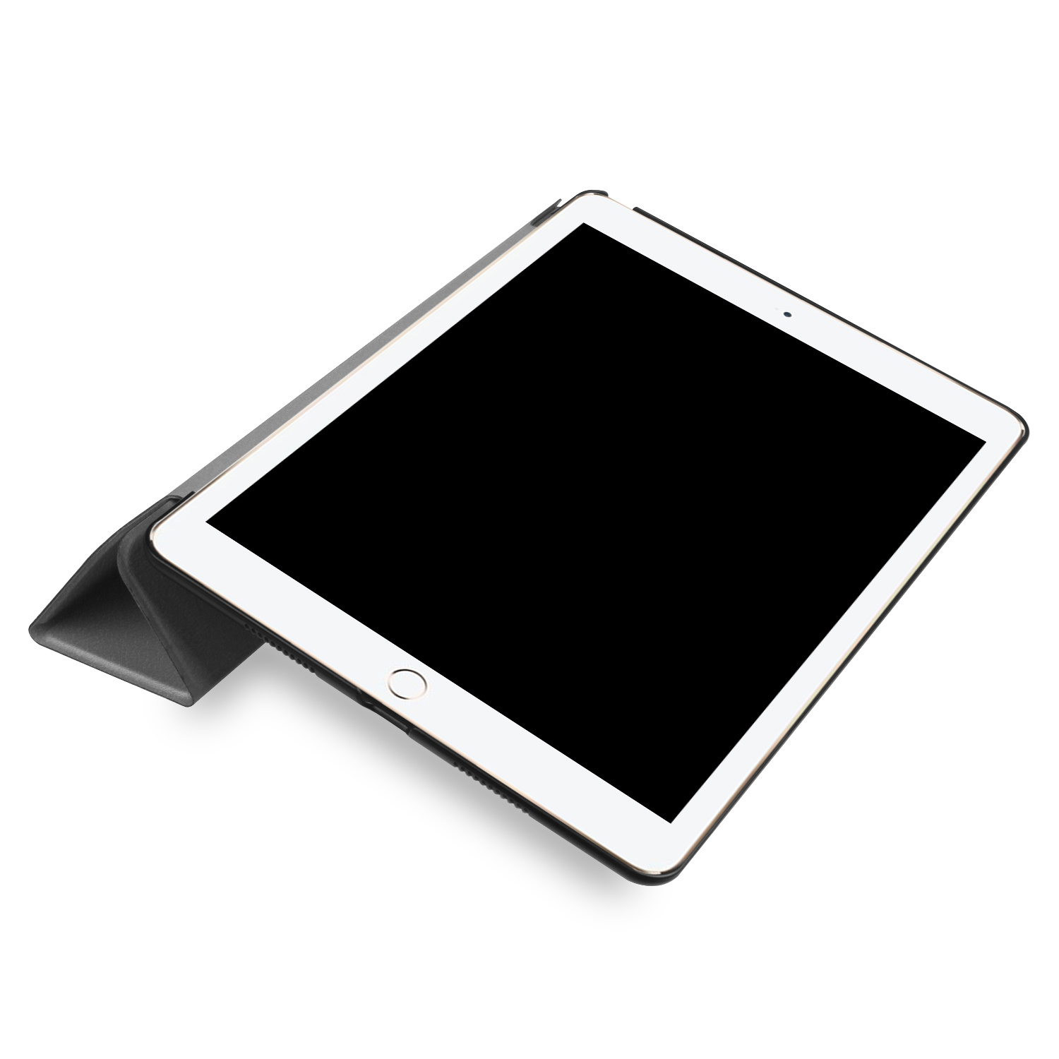 A dark tablet with its cover closed, set against a white background.