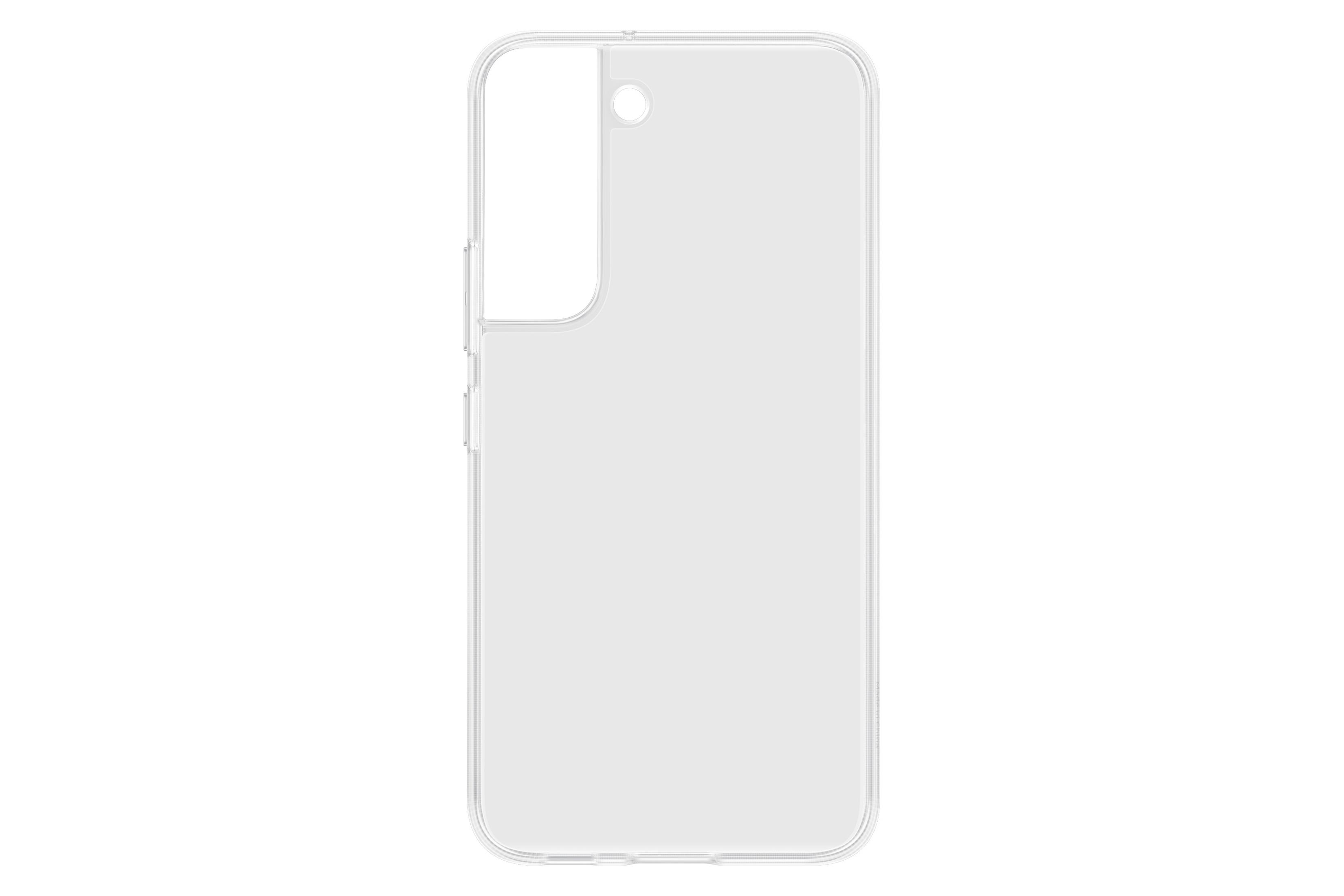 Custodia trasparente per telefono su bianco. Ha ritagli per fotocamera e pulsanti. Design semplice e pulito.