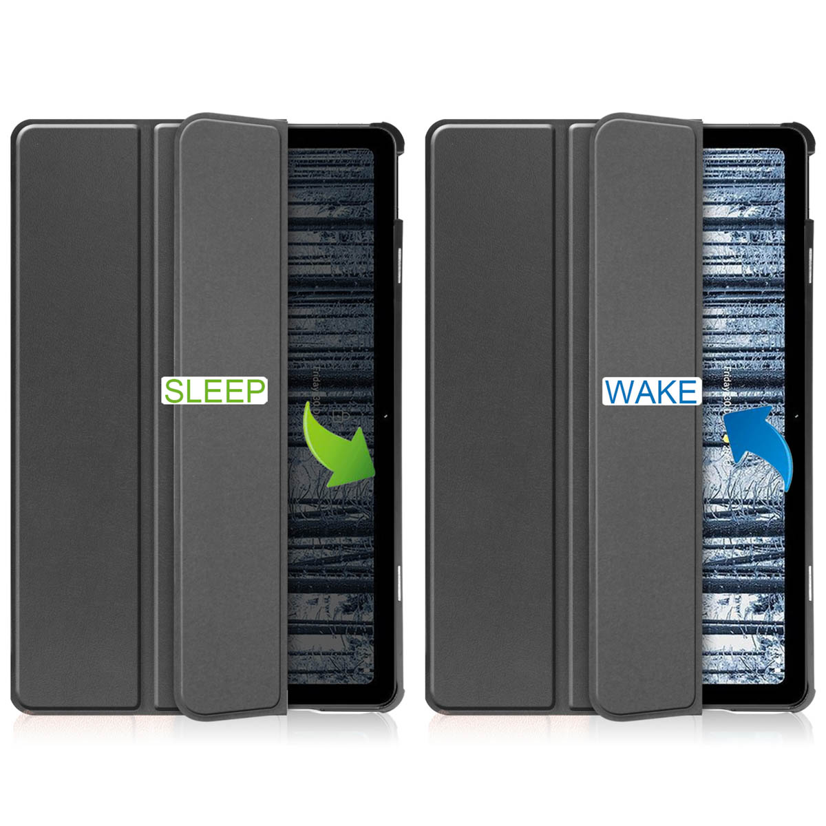 Two tablet covers, one open with 'WAKE' arrow, the other closed with 'SLEEP' arrow.