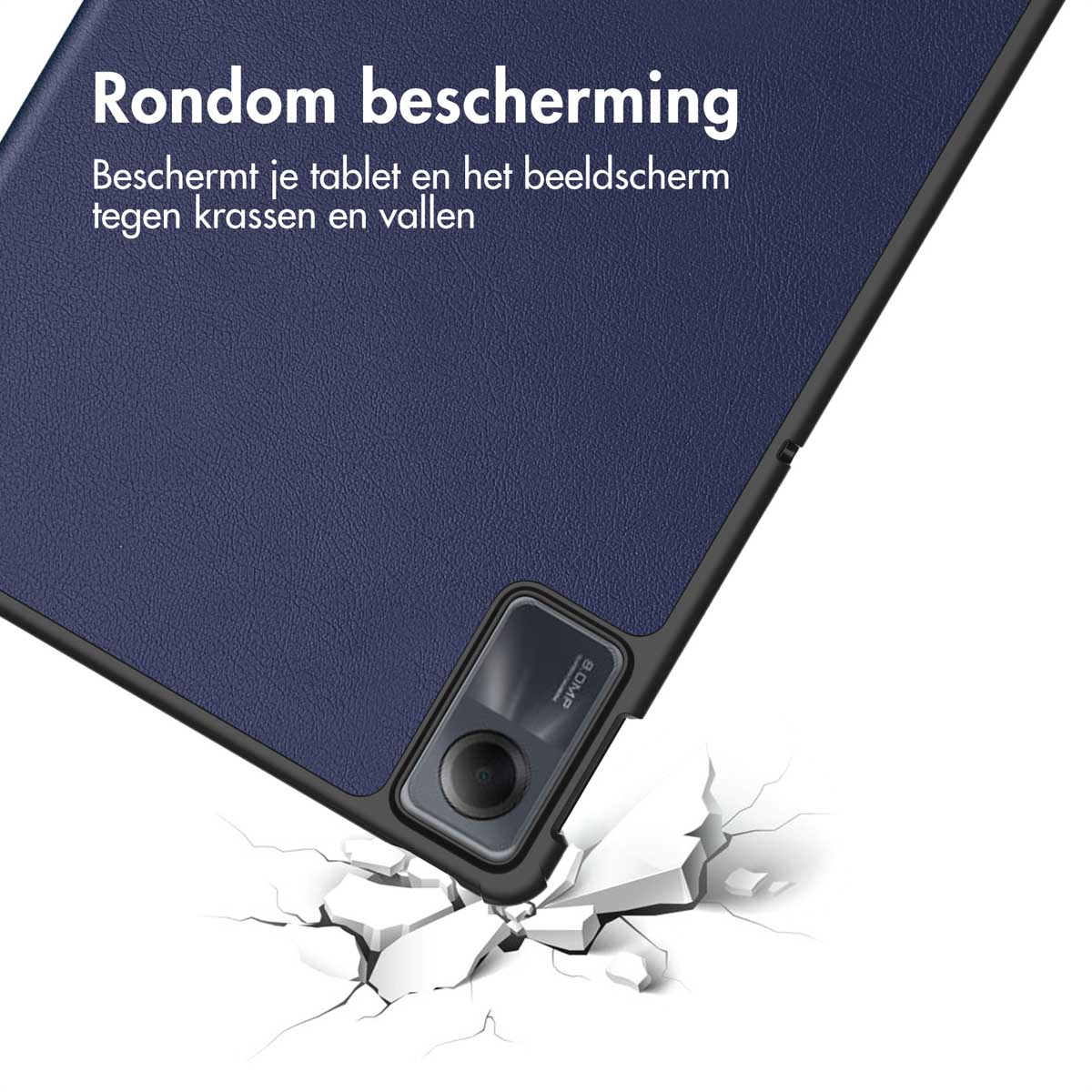 Dark blue case with camera falling onto cracked ground.