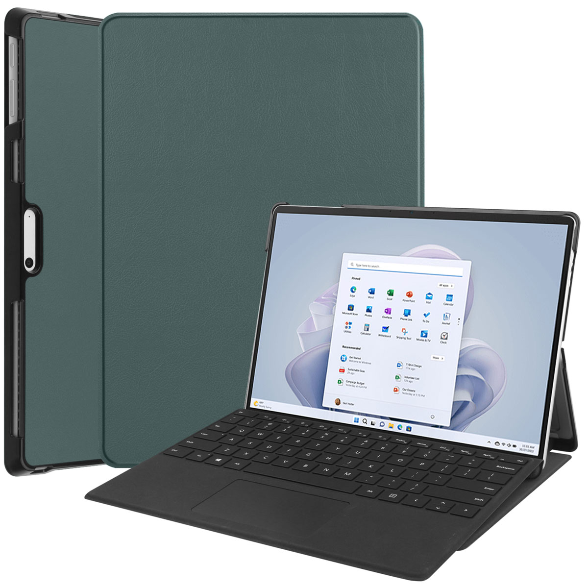 Laptop open with green cover. Screen displays a Windows interface. Keyboard visible. Case is propped up.