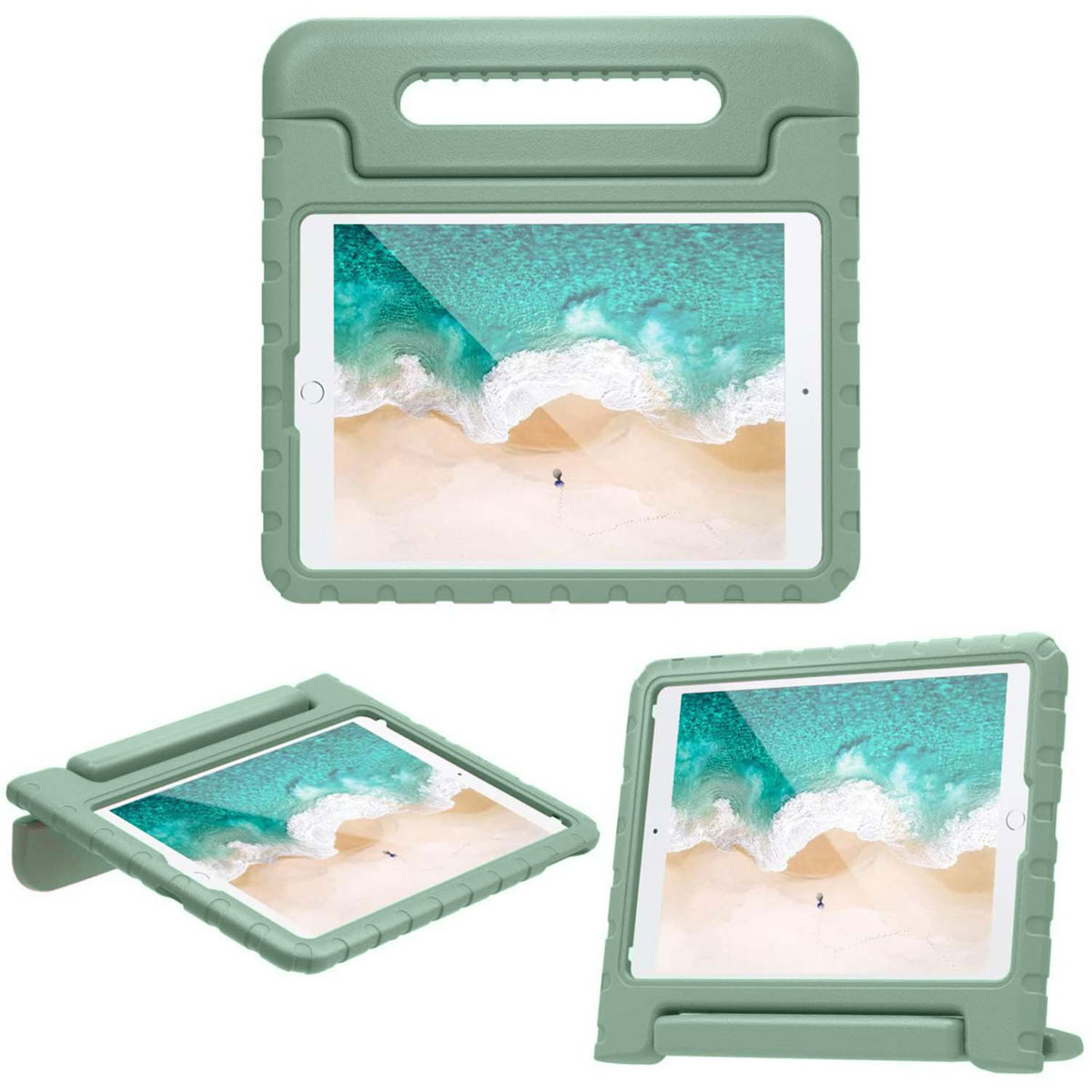 Green tablet cases in multiple angles. Tablets are inside the cases. The tablet screens show a water scene.