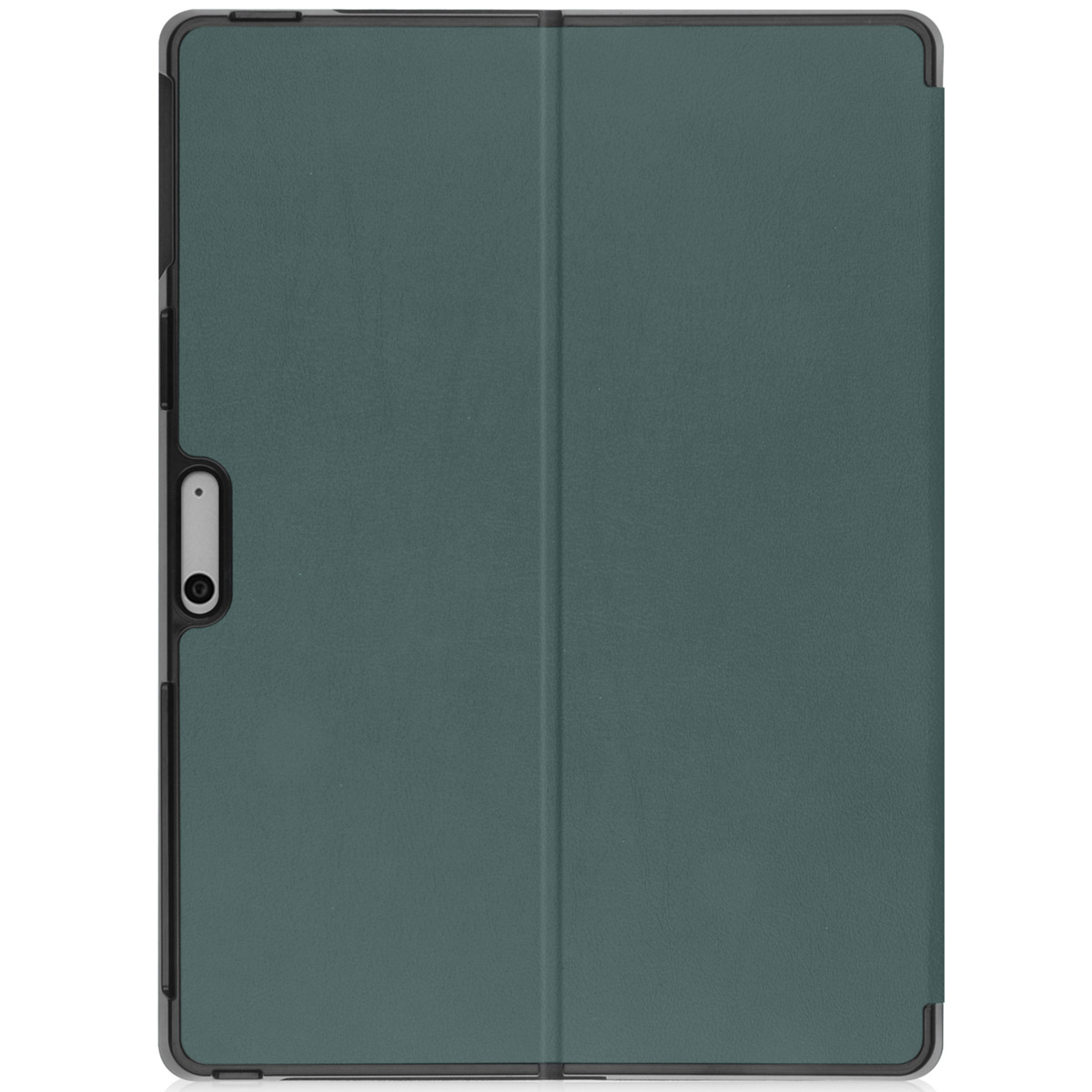 Green tablet case, closed, with black border and camera hole.