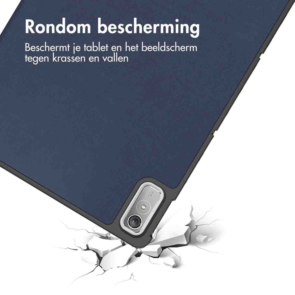 A tablet with a blue case being dropped onto a surface, showing impact.