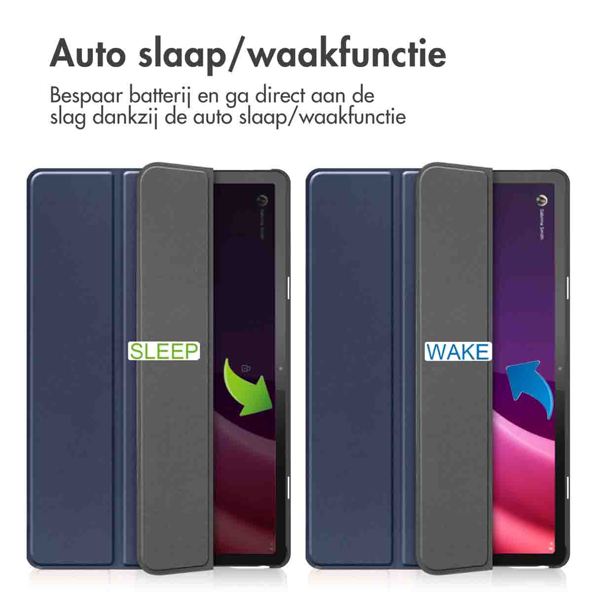 Tablet case in sleep and wake mode, with text in Dutch.