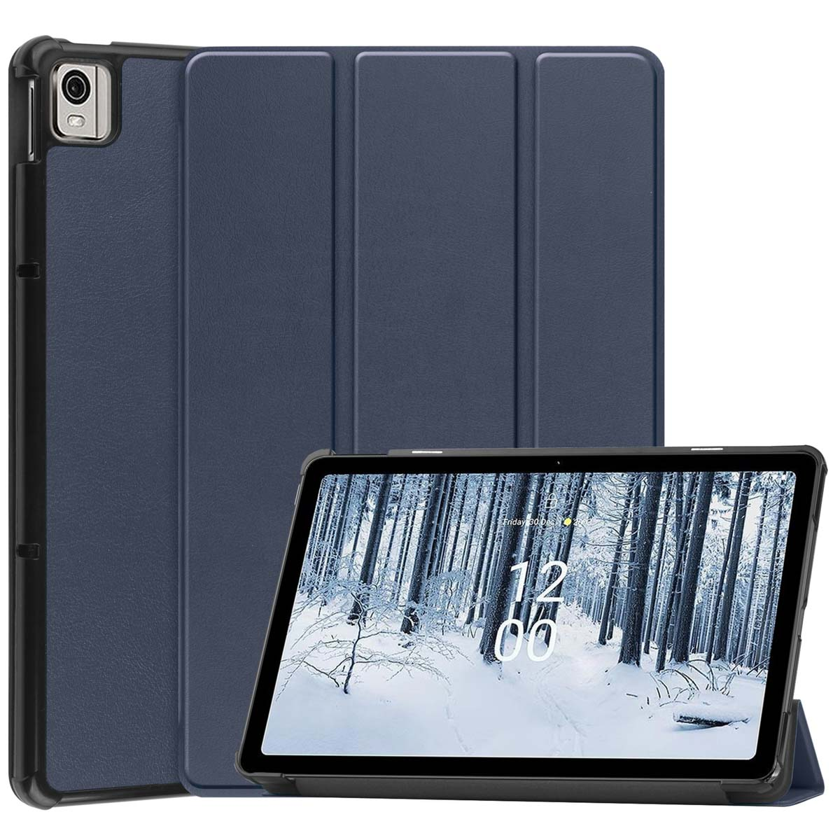 Dark blue tablet case with a tablet inside showing a snowy forest scene.