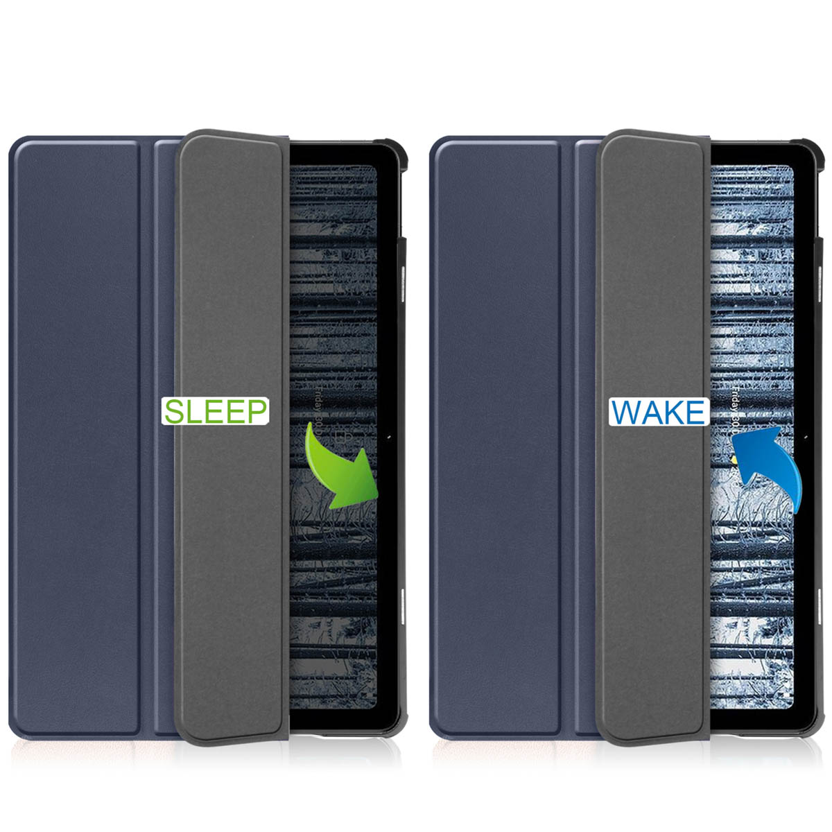 Two tablets with cases. One is closed and labeled 'SLEEP'. The other is open and labeled 'WAKE'. 
