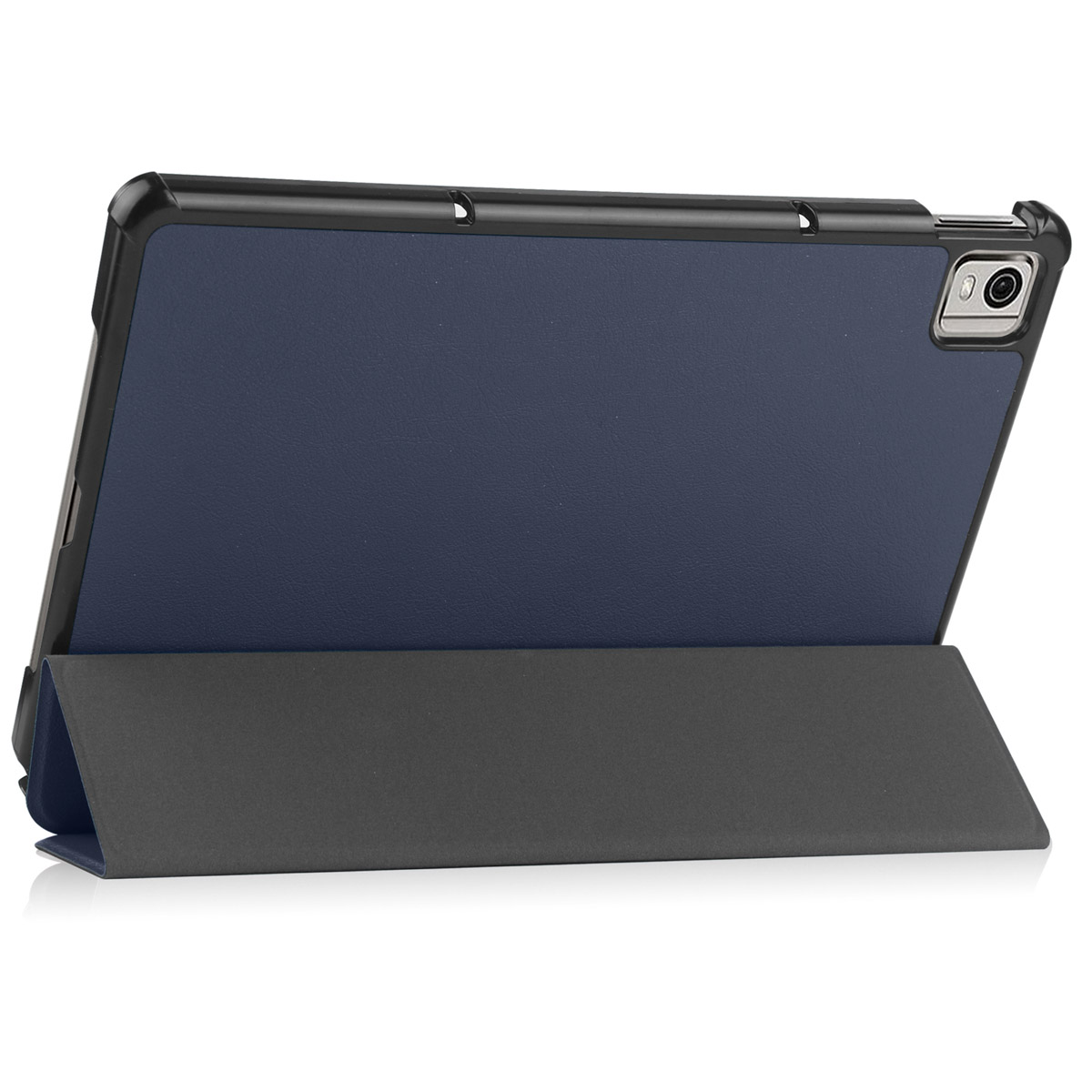 Blue tablet case with a black frame and kickstand.