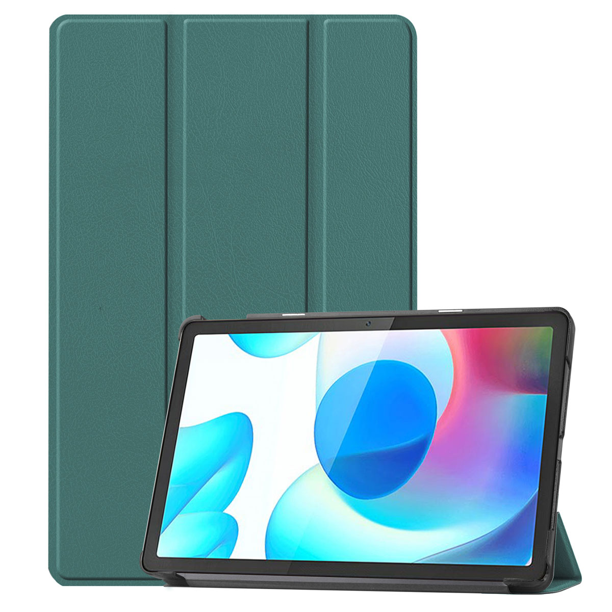 A tablet in a green case, standing up. The background is a matching green cover.