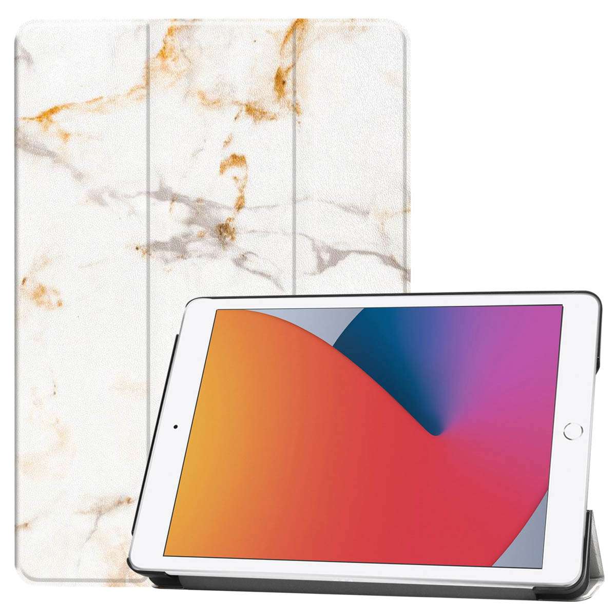 Tablet in a white and gold marble case. The tablet is displaying a colorful image.