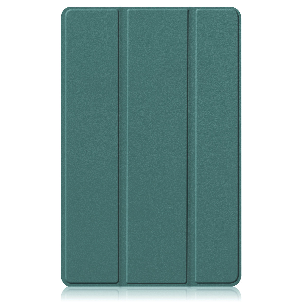 A closed teal tablet case with three vertical panels.