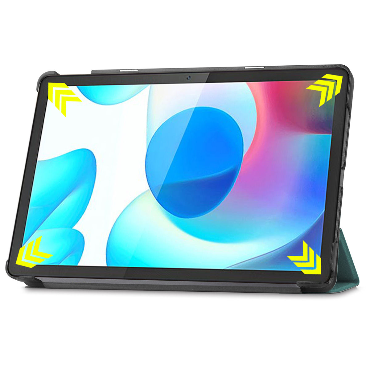 Tablet with blue screen, in a black case, with yellow corner protectors. Tablet is on an angle.