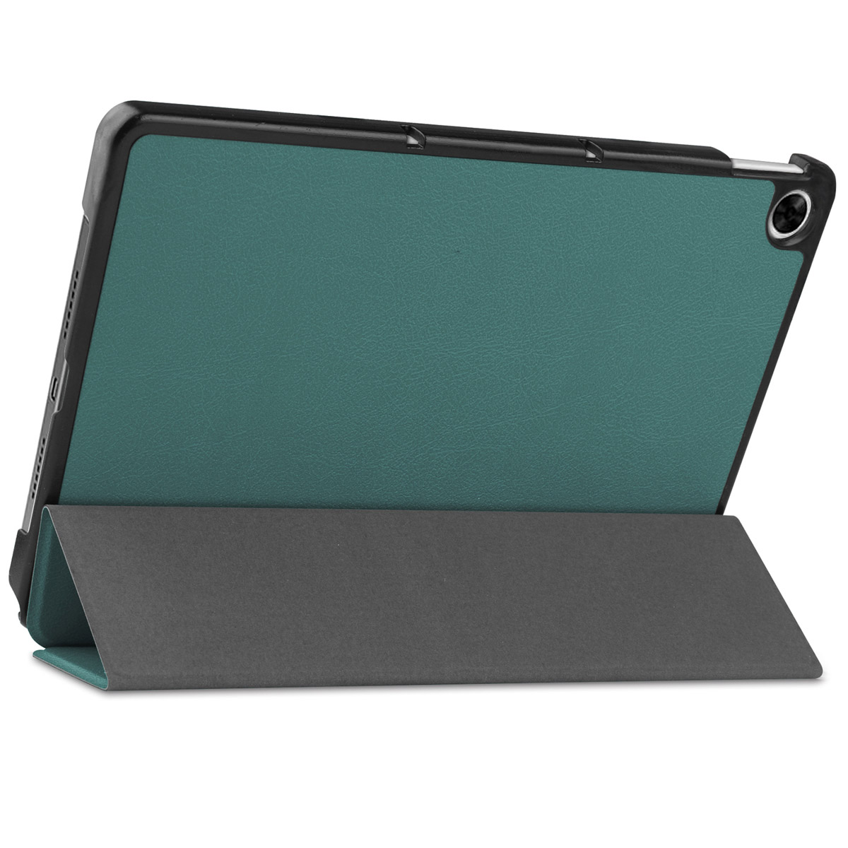 Tablet in a case. The case is green and grey. The screen is off and has a teal background.