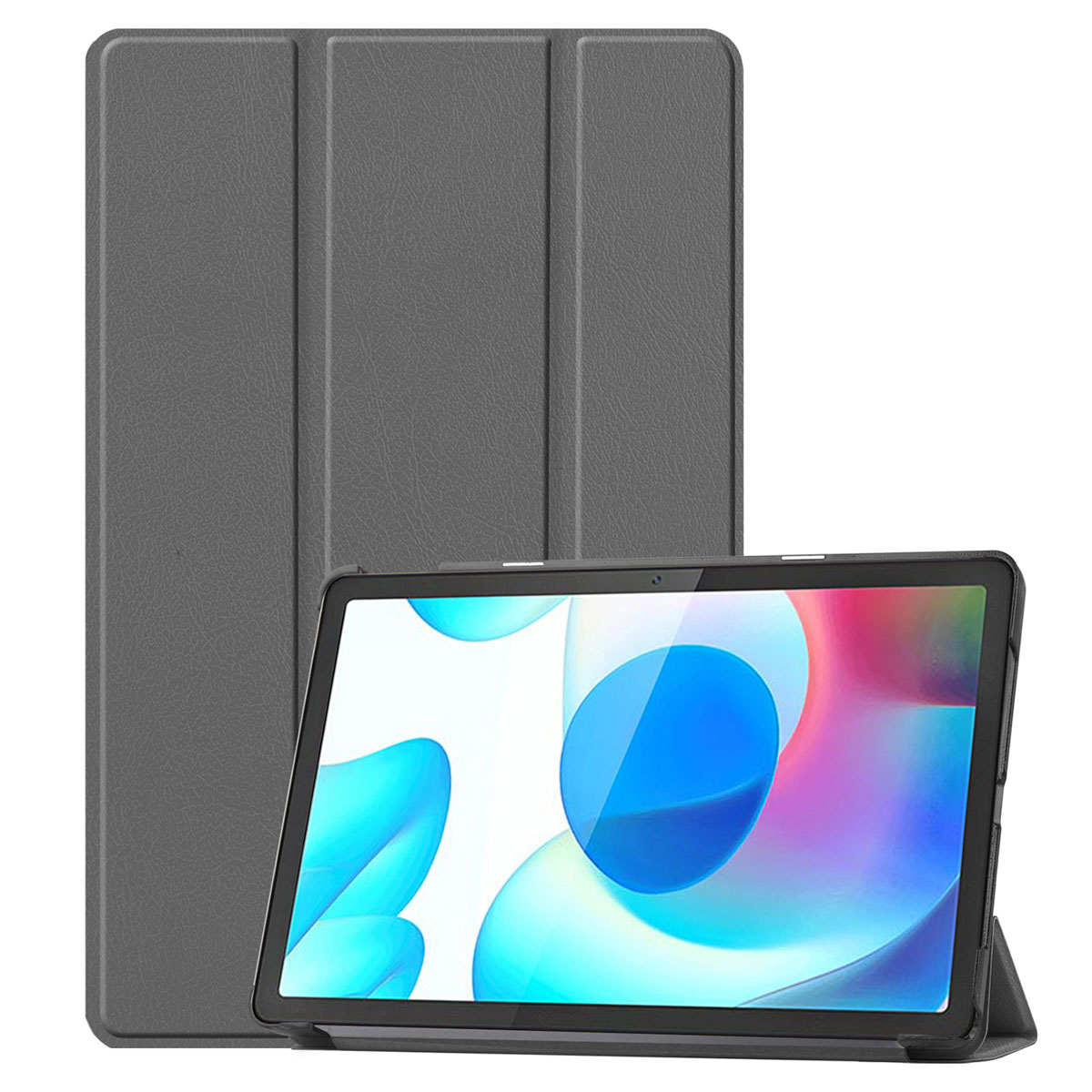 Grey tablet case with a tablet inside.