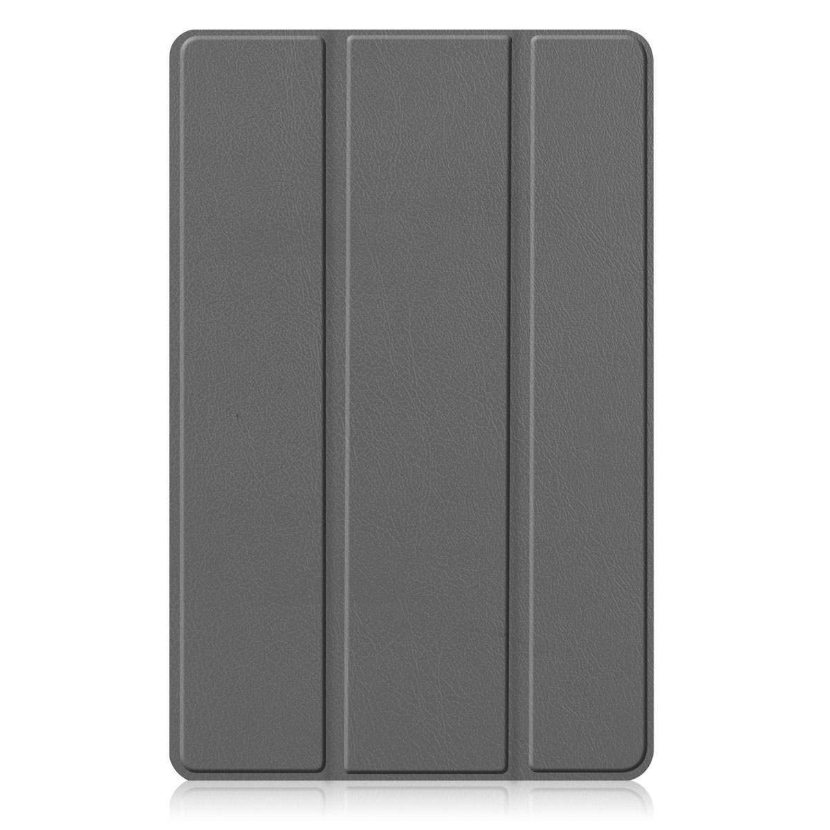 A gray tablet case with a three-section folding cover.