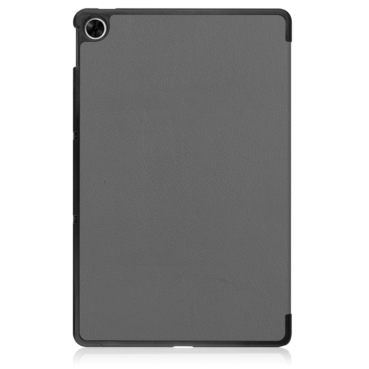 A grey tablet is shown in a case. The back of the tablet is visible, with a camera and the case's edge.
