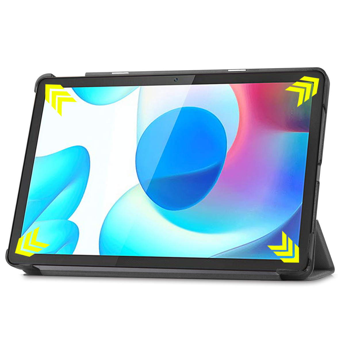 Tablet in a case, with yellow arrows indicating the corners of the screen.
