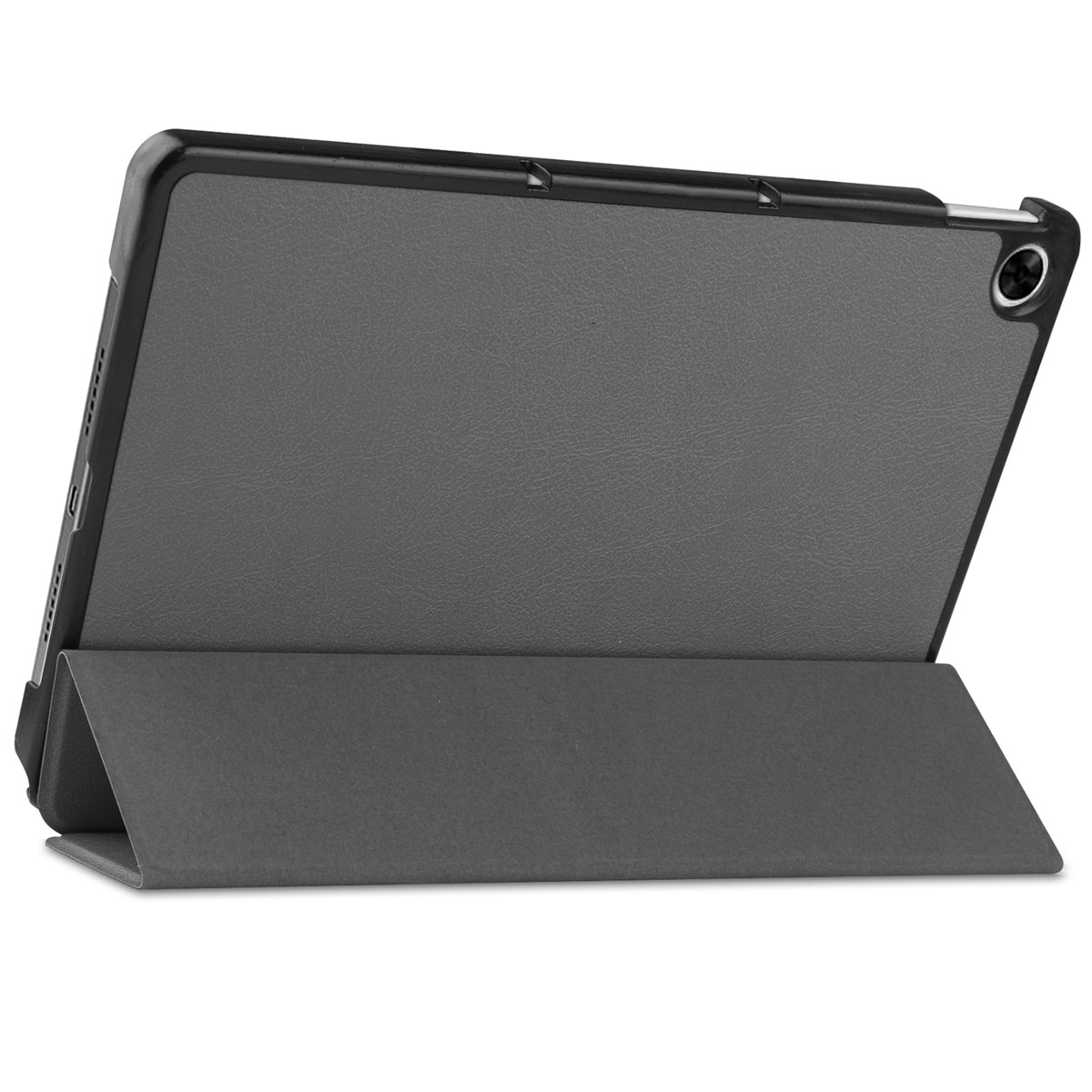 A tablet in a dark gray case, with the case used as a stand. The background is white.