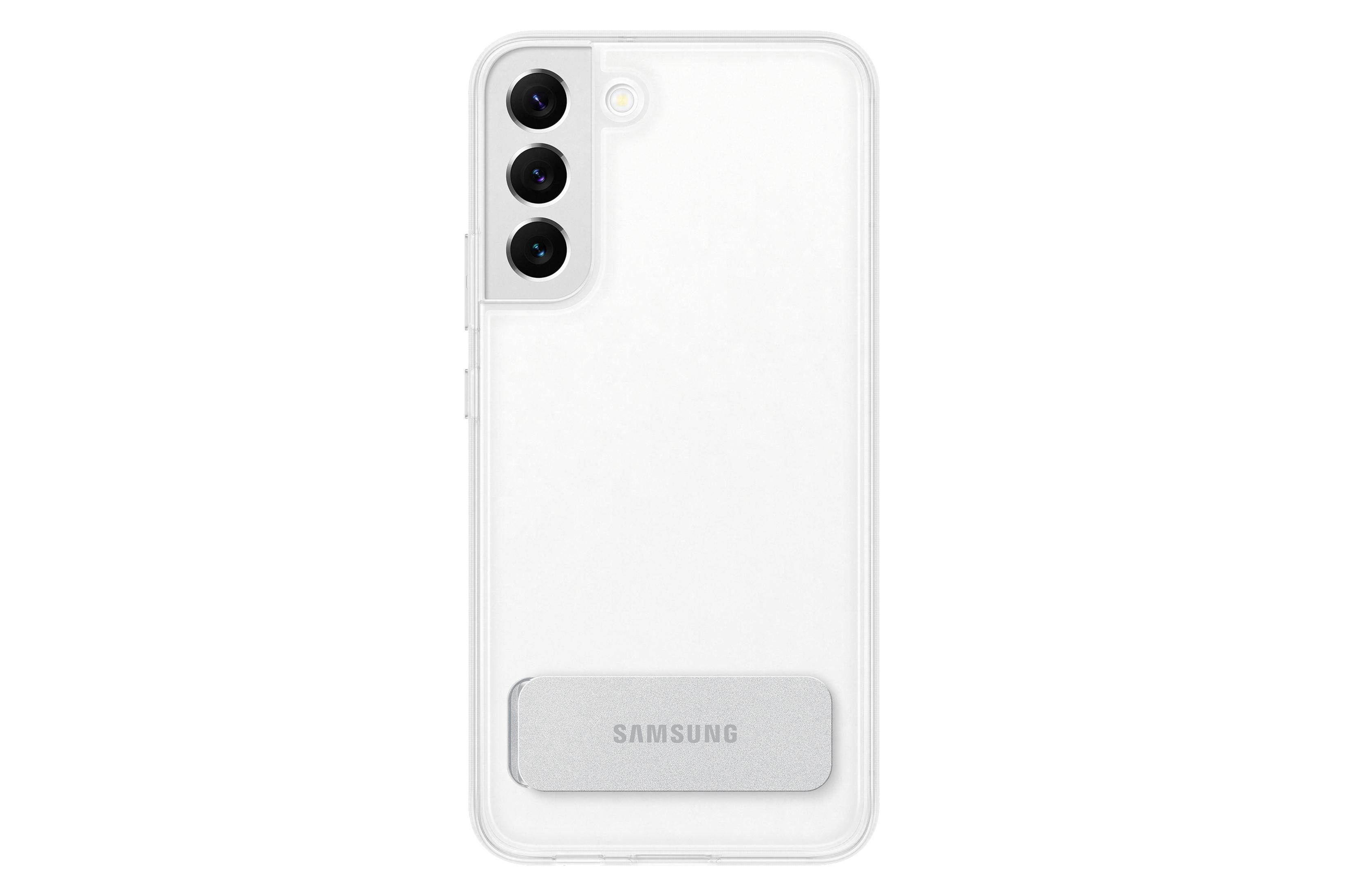 Transparente Handyhülle mit weißem Pop-Socket auf weißem Untergrund.