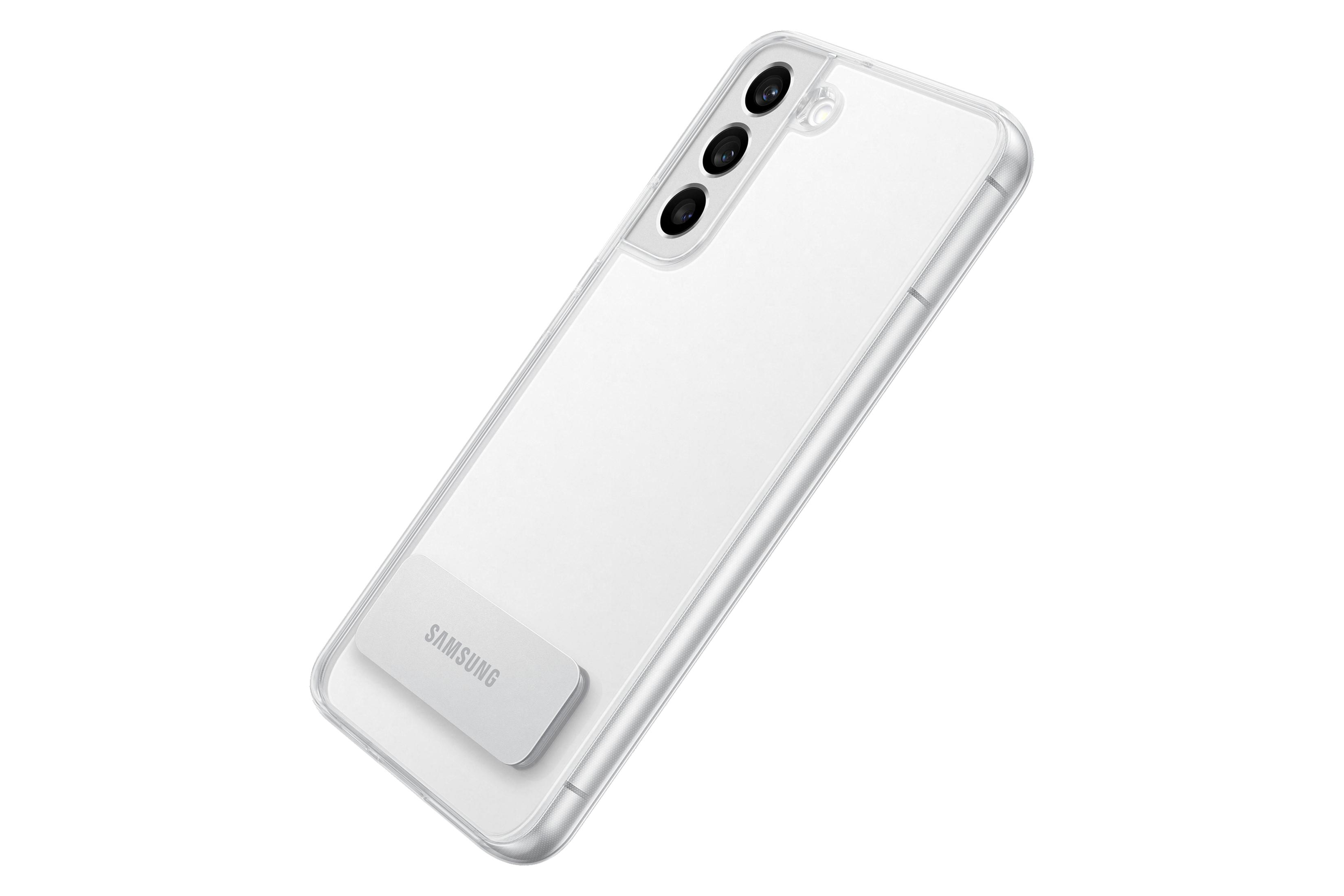 Ein weißes Telefon in einer transparenten Hülle mit Samsung-Logo, leicht angewinkelt auf weißem Grund.
