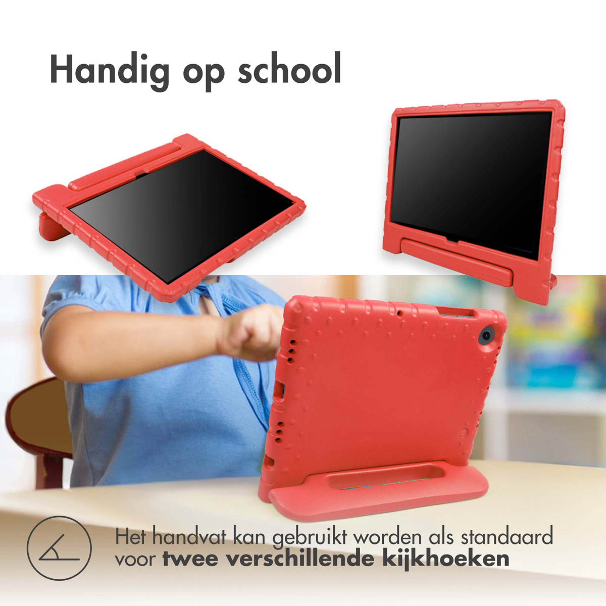 Red tablet case with handle and stand. Tablet screen is black. Child in background.