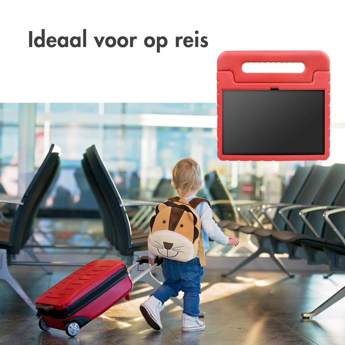 A child with a backpack and suitcase walking in an airport. A red tablet case is shown.