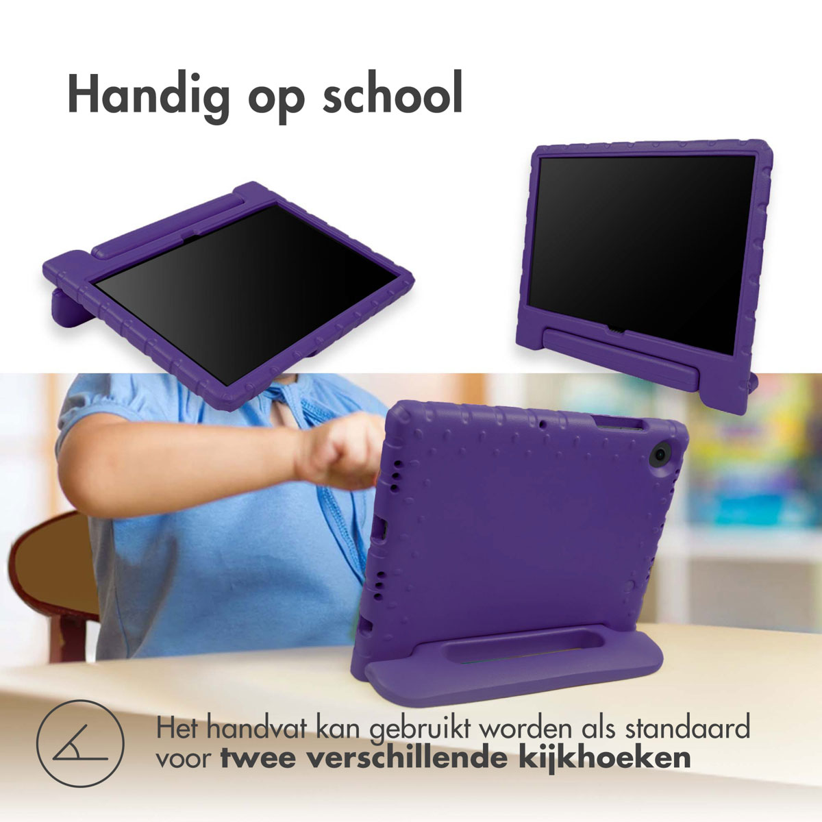 Drie afbeeldingen van een tablet in een paarse hoes. De tablet heeft een standaard en staat op een tafel.