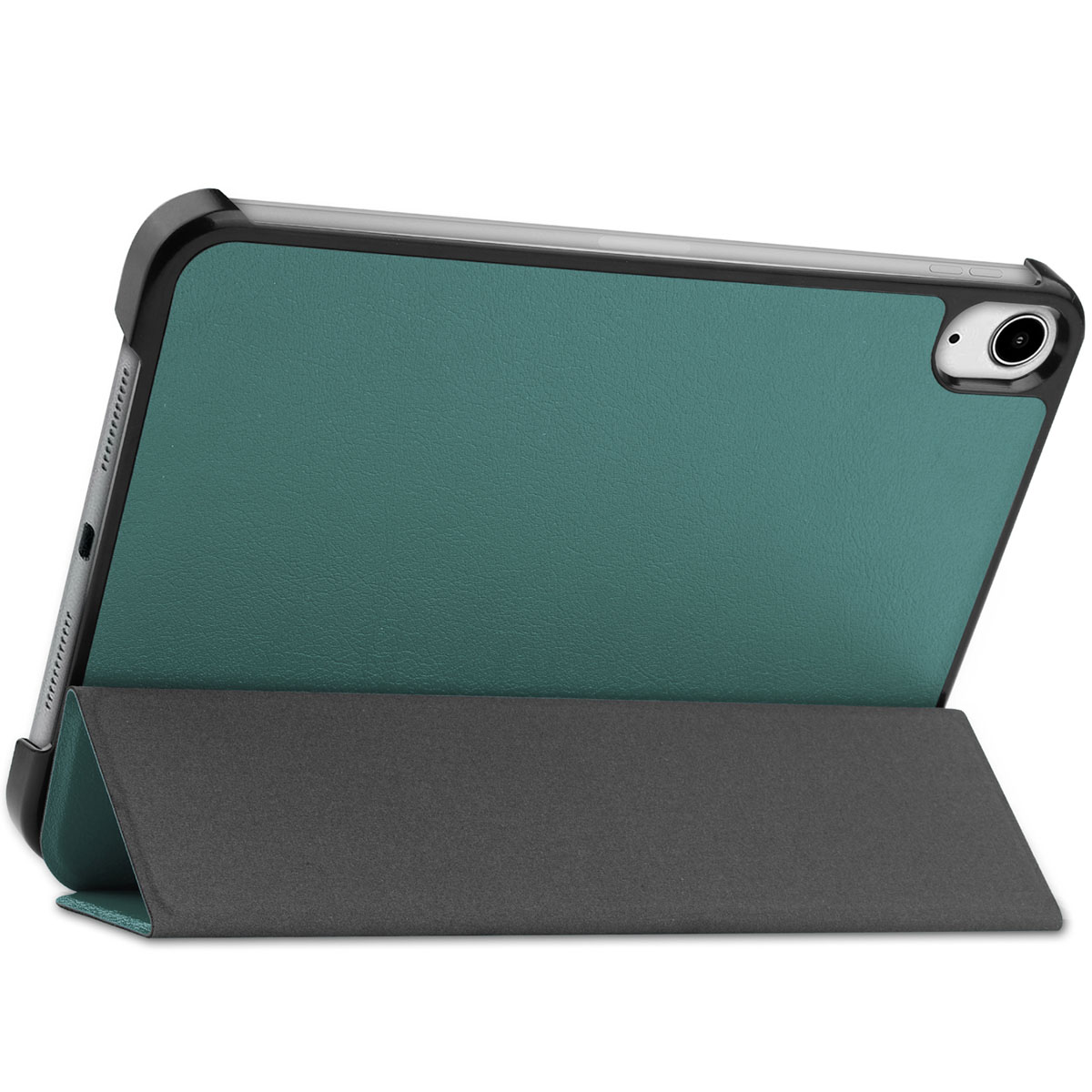 A teal tablet case propped up with a tablet in it. The tablet's camera is visible.