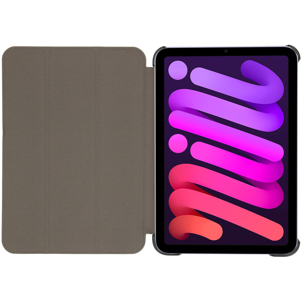 Tablet in a case, open. Tablet is purple, screen shows colorful abstract design.