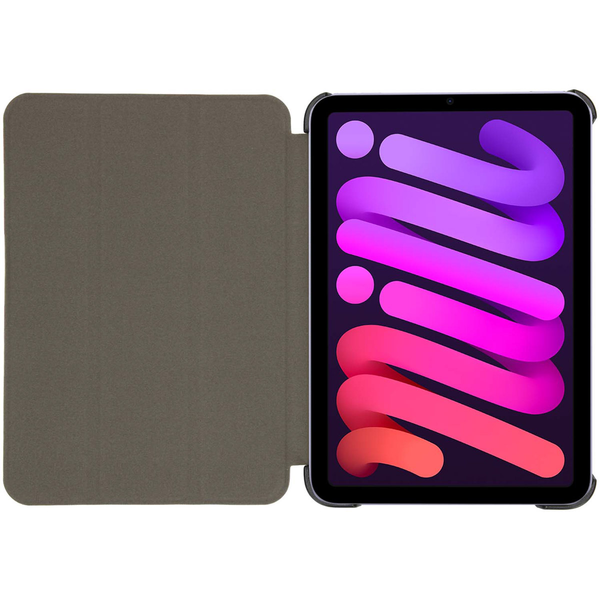 Tablet open op grijze hoes, met kleurrijk scherm. De hoes staat op een wit oppervlak.