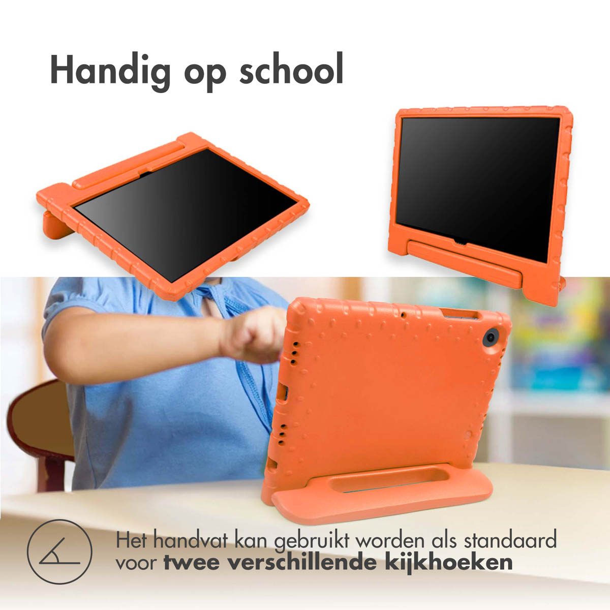 Drie aanzichten van een oranje tablethoes, met een tablet erin, op een tafel.