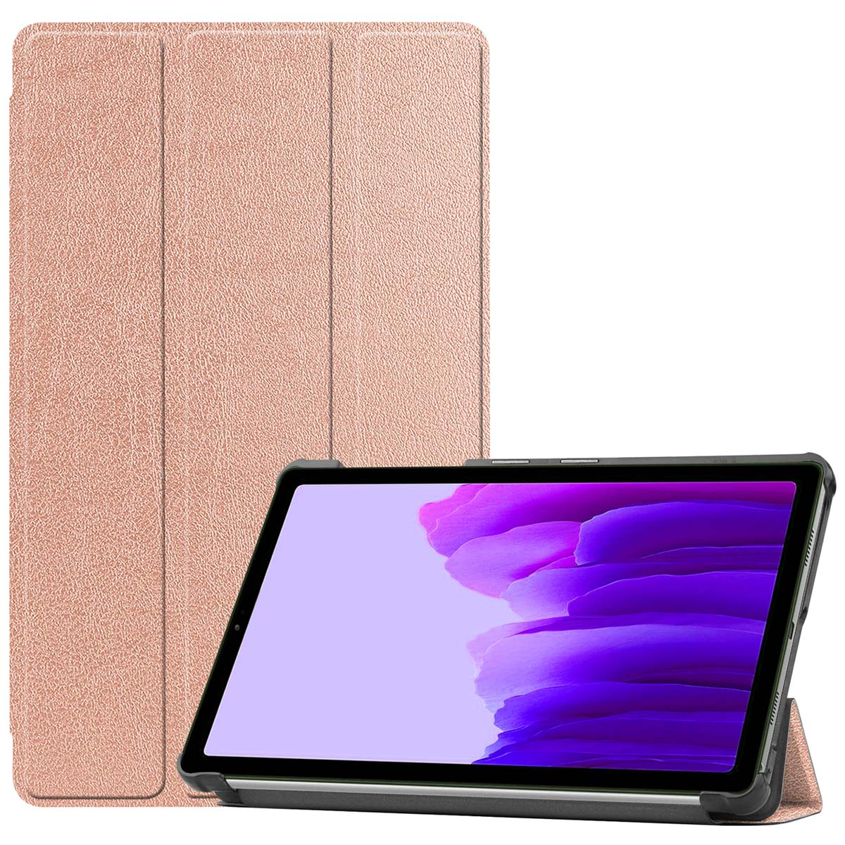 Tablette dans un étui or rose. Le couvercle est fermé. L'écran affiche un fond violet.