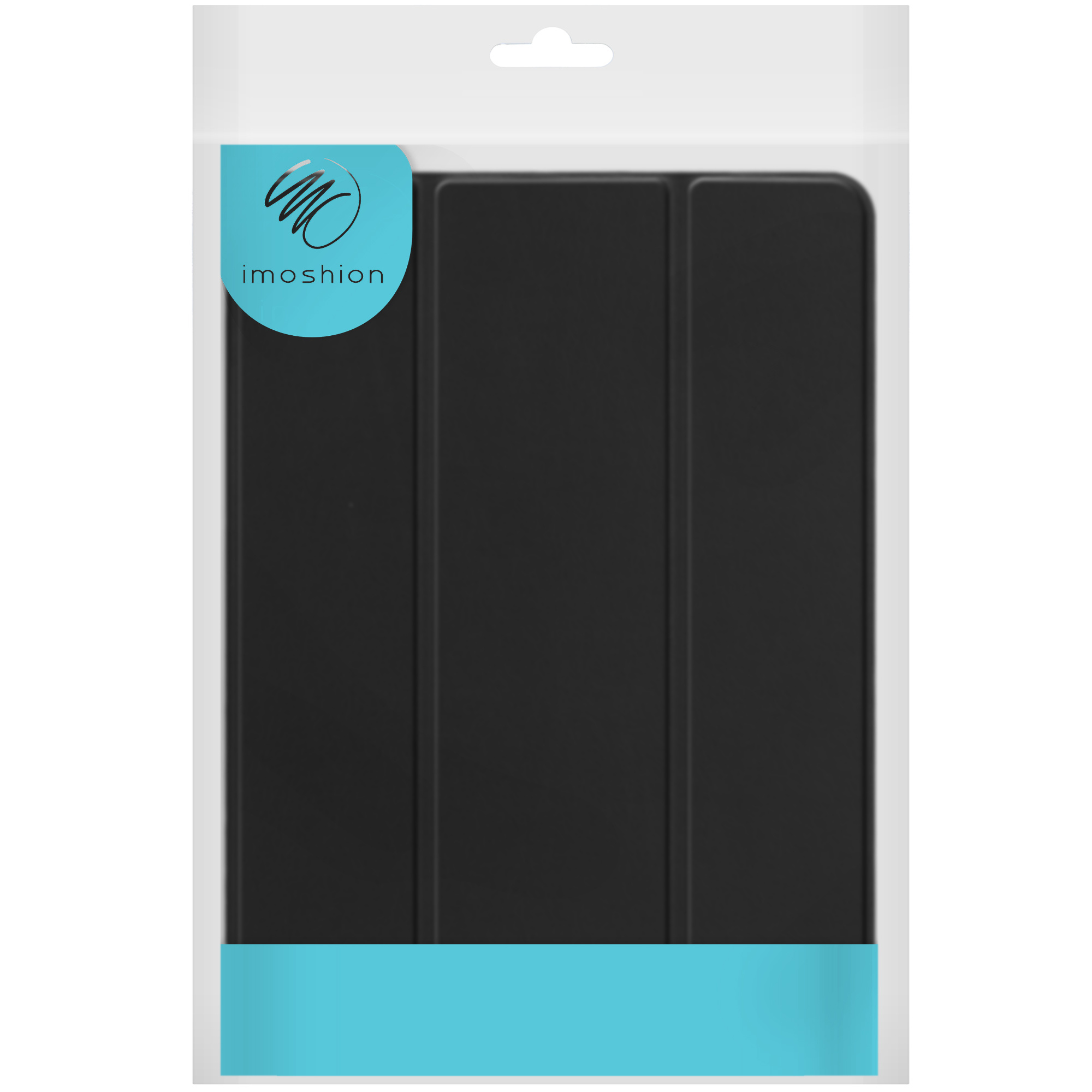 Housse noire pour tablette dans un emballage avec logo bleu.