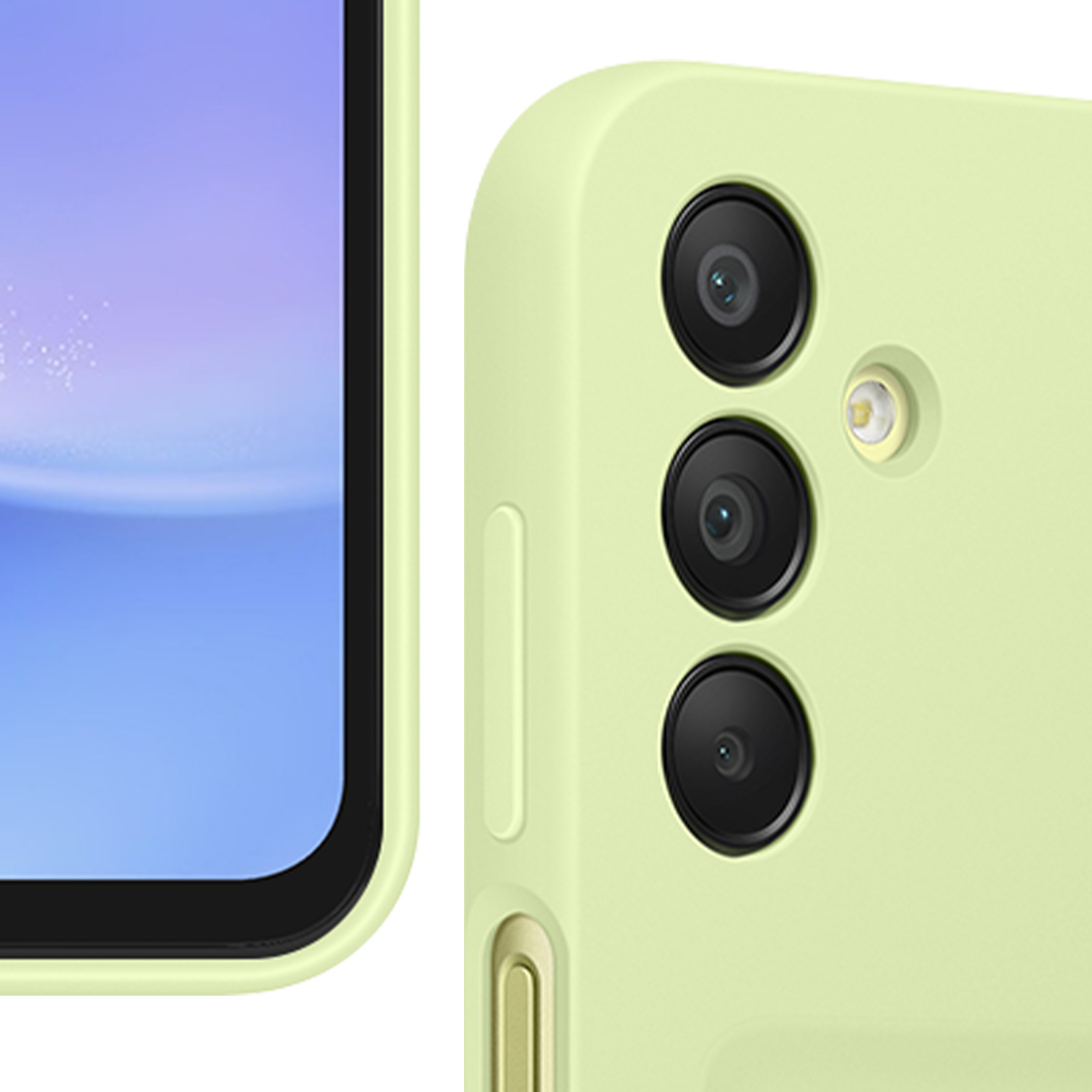 Una custodia per telefono verde chiaro con tre obiettivi e flash.