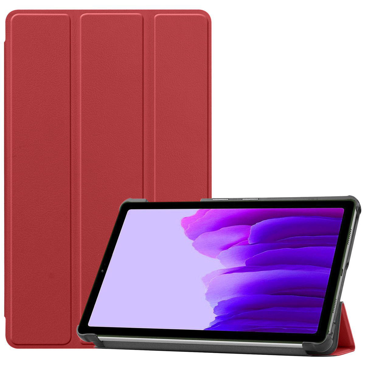 Tablet in een rode hoes. De cover is gesloten. Het scherm toont een paarse achtergrond.