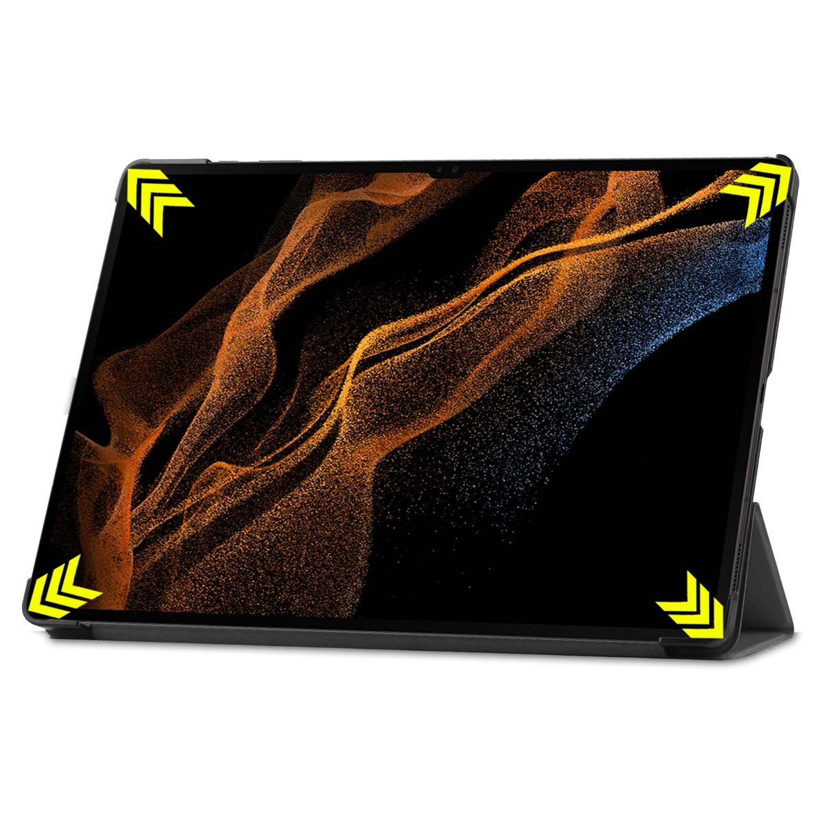 Une tablette noire affichant une image de fond dynamique orange et bleue.