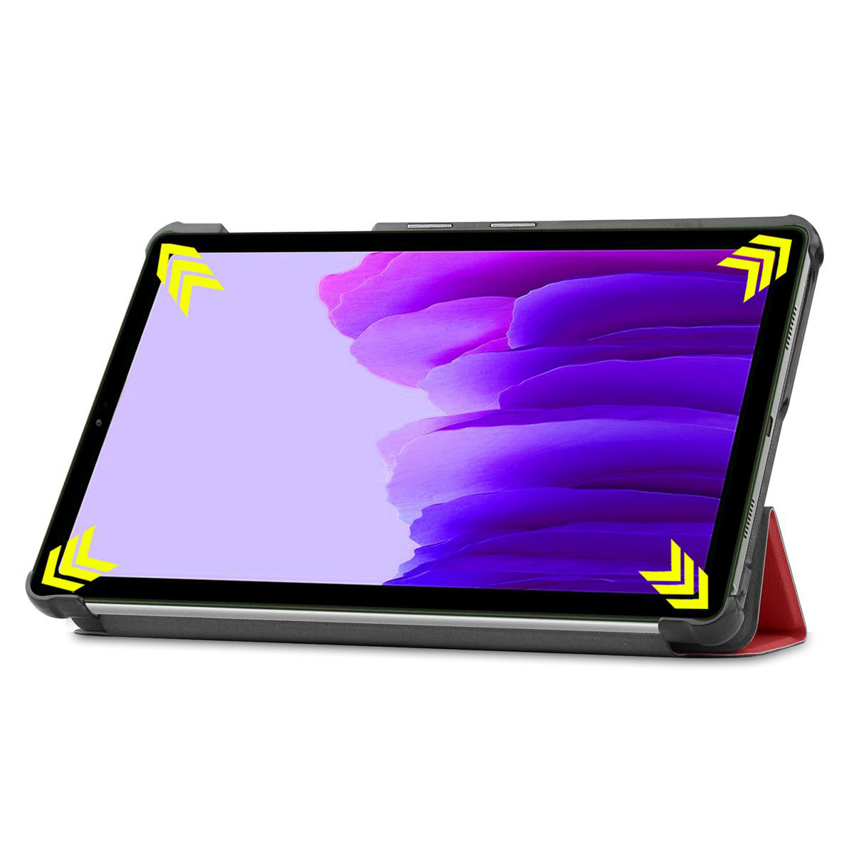 Tablet in een hoes, schuin voor weergave. Pijlen tonen de randen van de hoes.