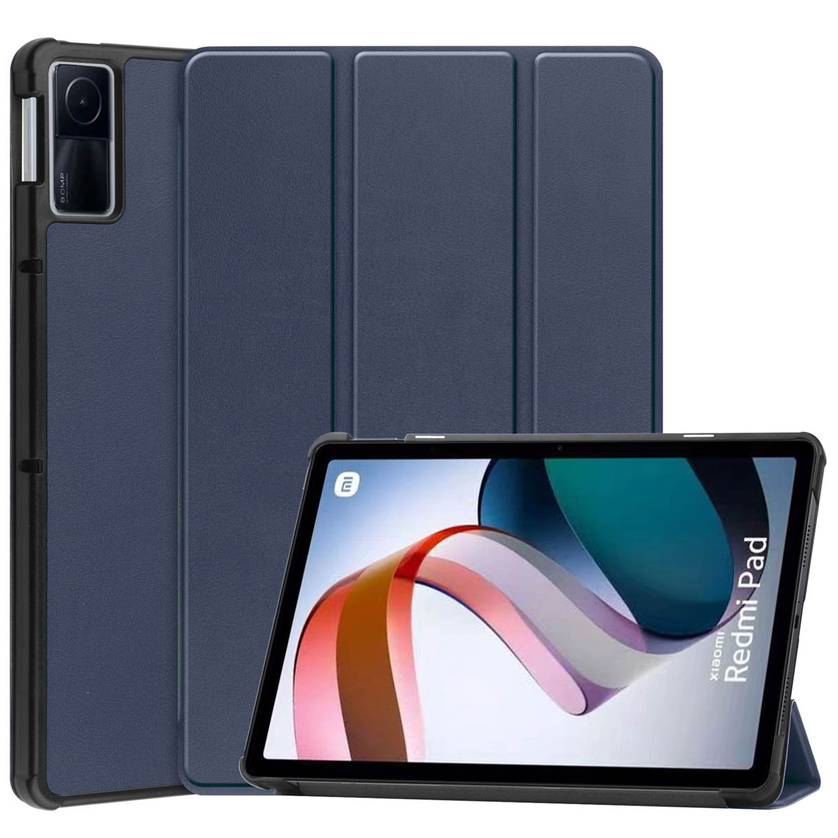 Tablet in a dark blue case, open and propped up. The tablet displays its screen. A second case is behind.