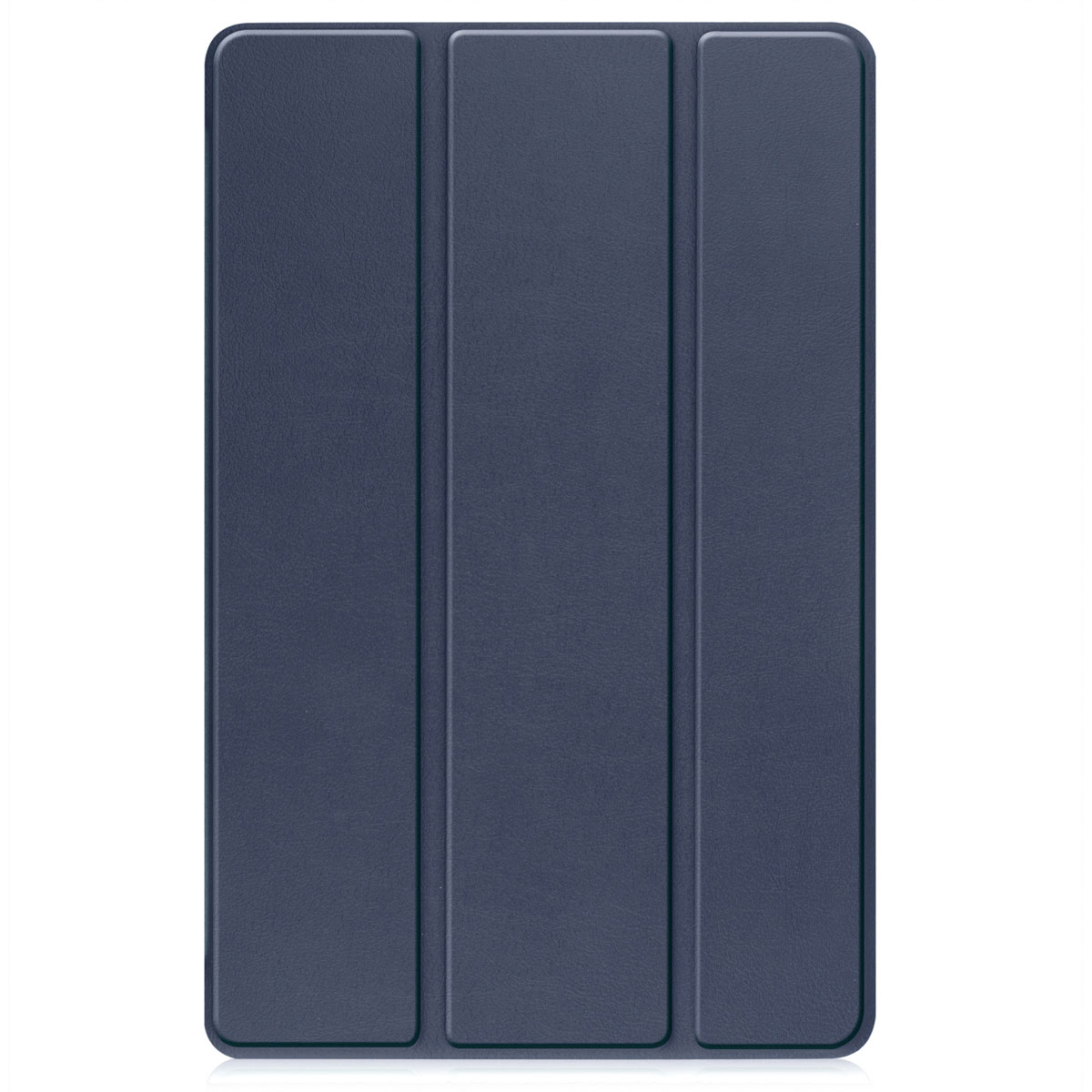 A navy blue tablet case, folded closed. The case has three vertical panels.