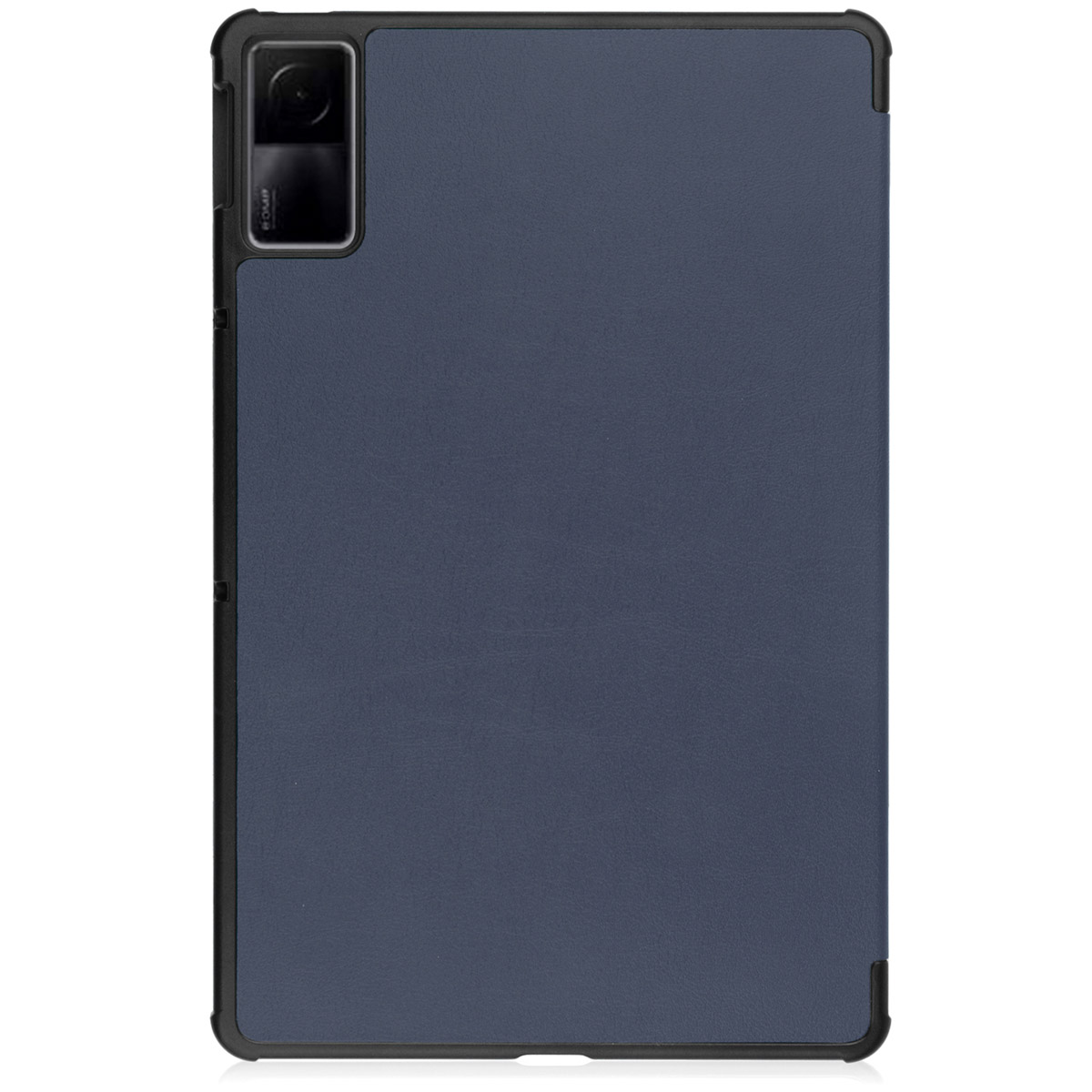 Tablet in a dark blue case. The case is a solid color. There is a camera on the side.