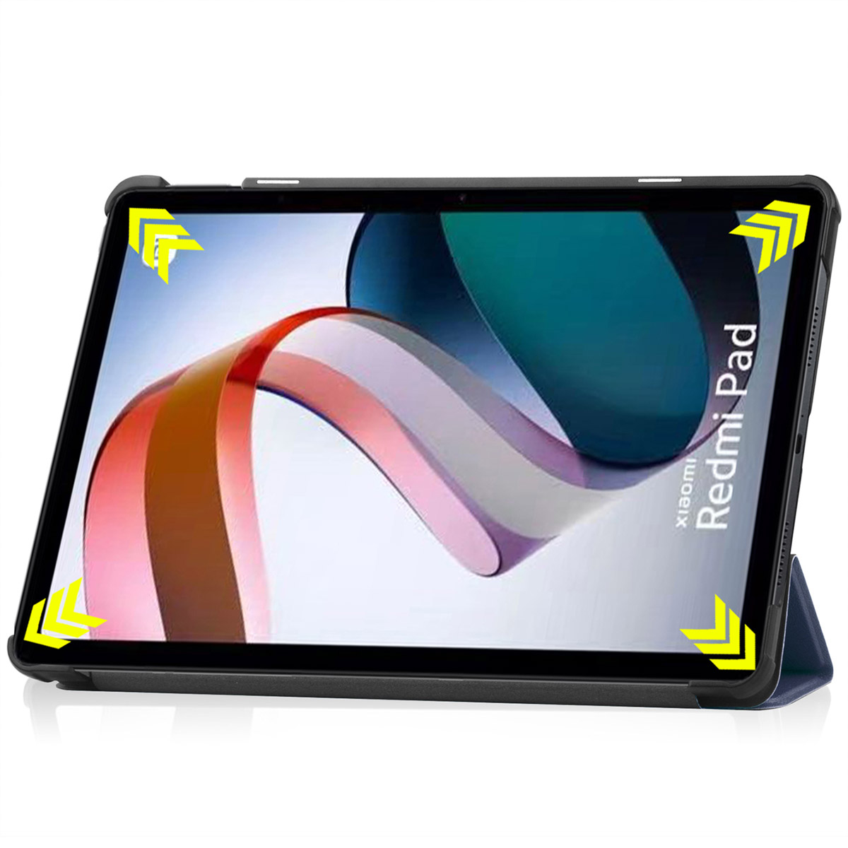 Tablet with a protective case, propped up for viewing. Arrows point to corners.