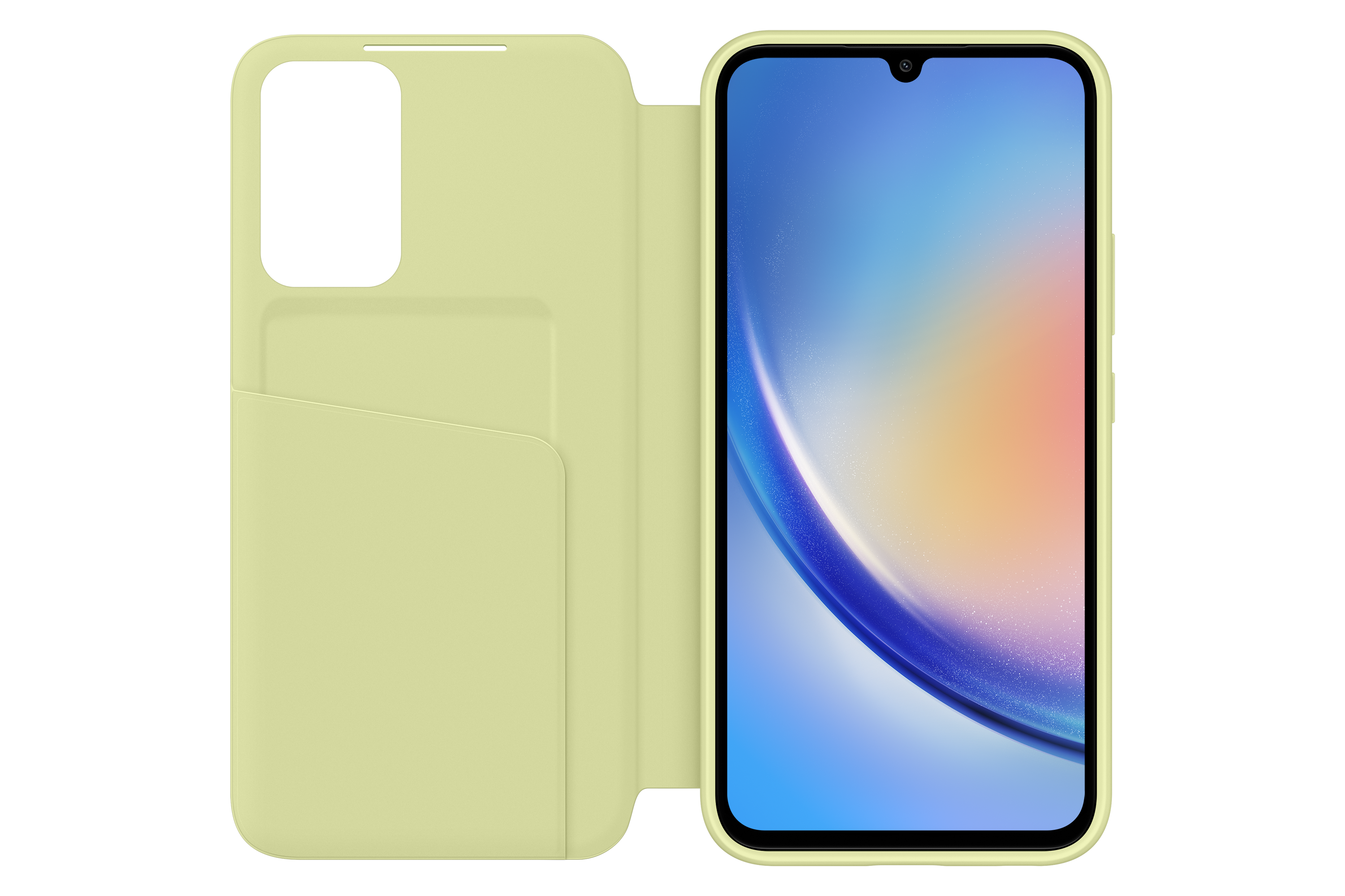 Żółte etui na telefon otwarte, pokazujące ekran telefonu. Etui ma miejsca na karty. Ciemne tło.