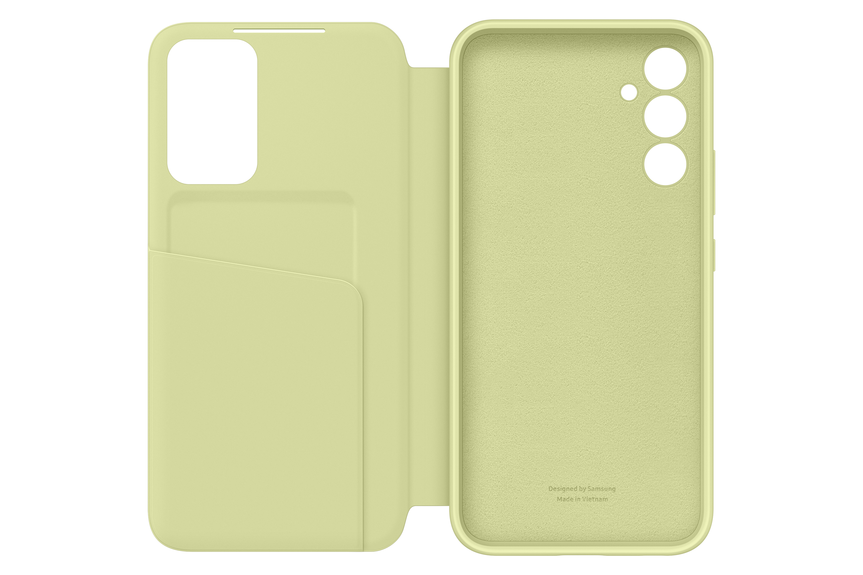 Jasnozielone etui na telefon z miejscem na kartę i trzema otworami na aparat. Czarne tło.