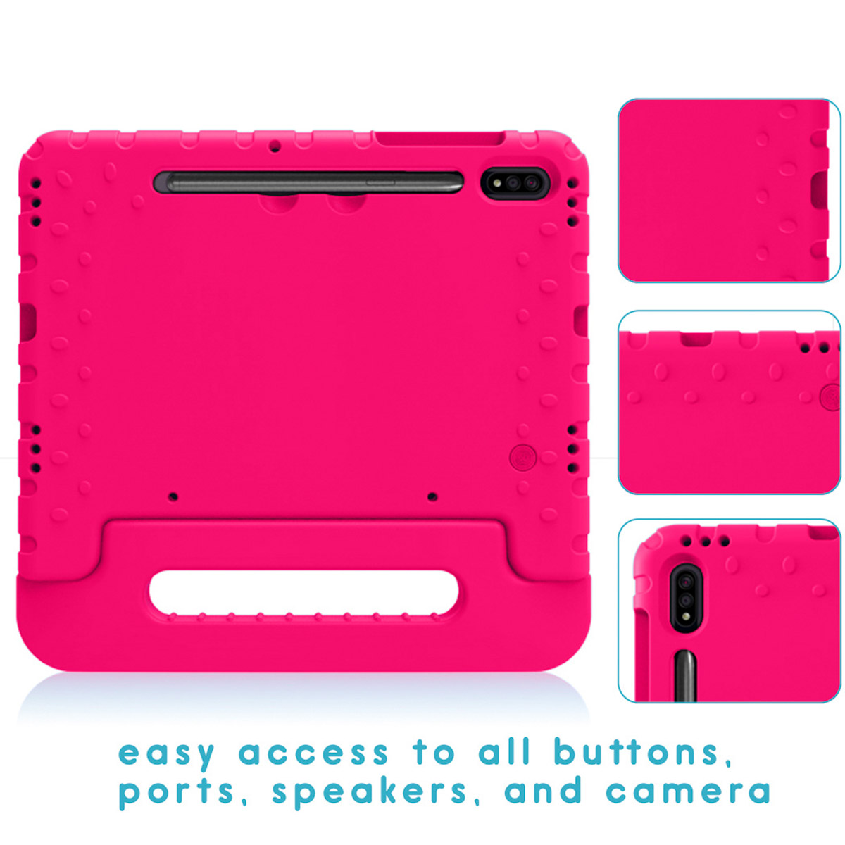 A pink tablet case with cutouts. Text: easy access to all buttons, ports, speakers, and camera.